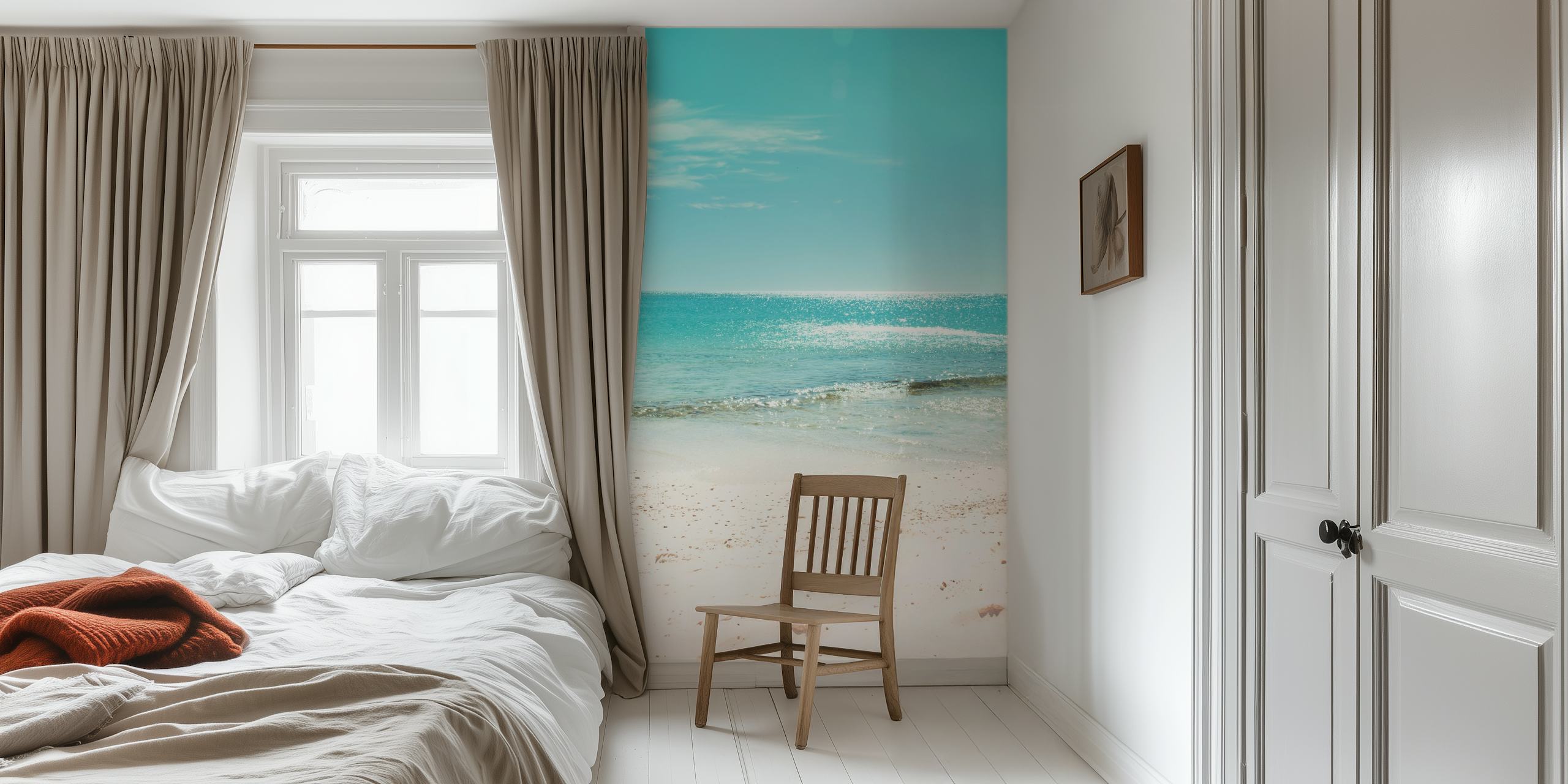 Tropical ocean beach with aqua water and sandy shore wallpaper