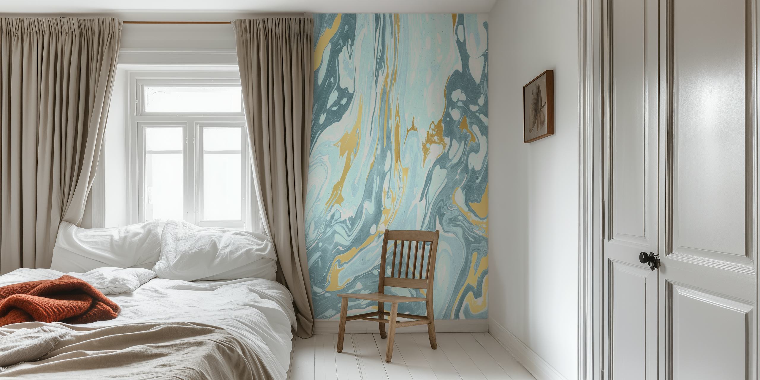 Blue and gold marble swirl pattern wallpaper