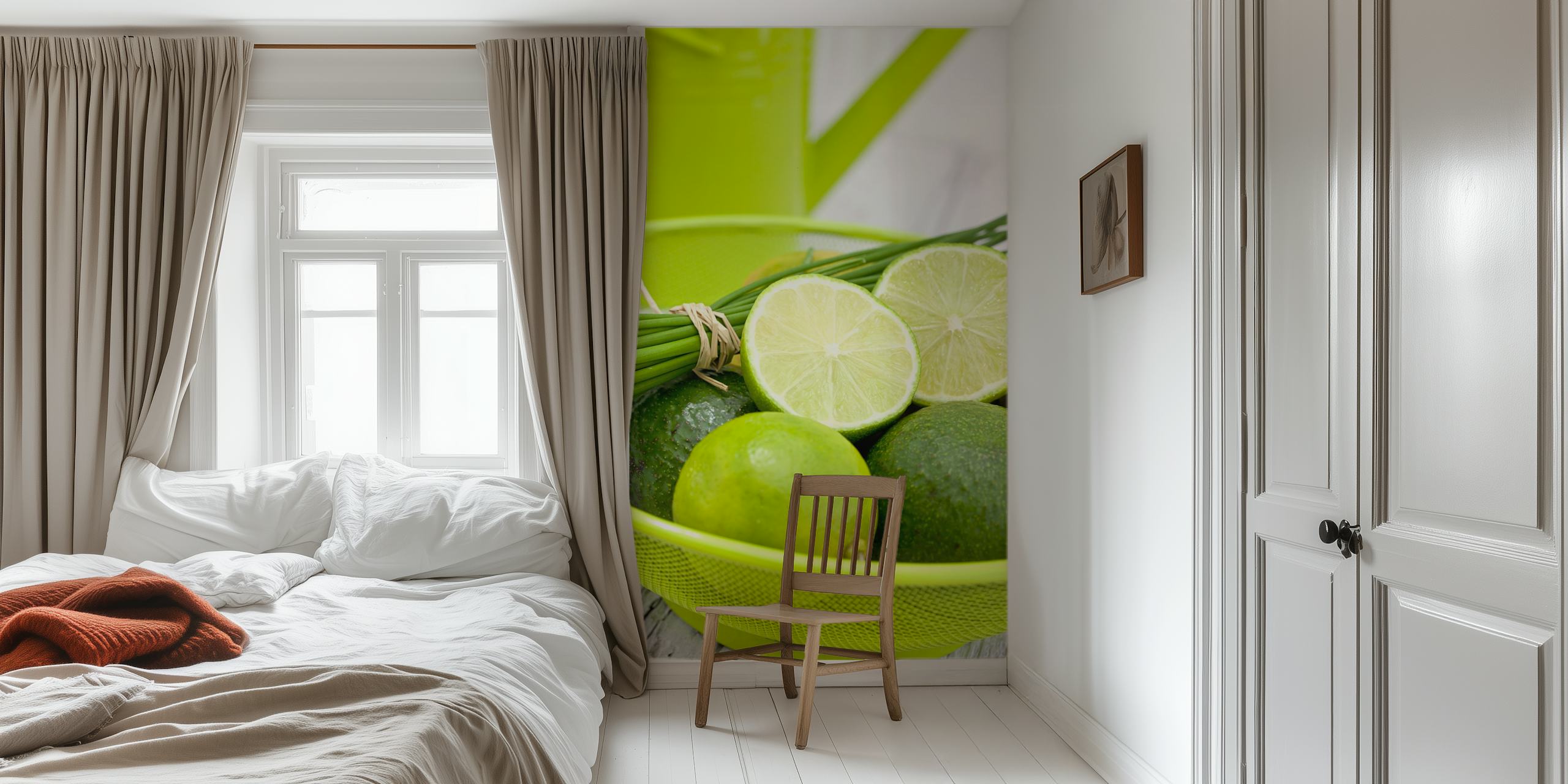 Lime green wallpaper featuring citrus motifs of fresh limes and avocados in a bowl.