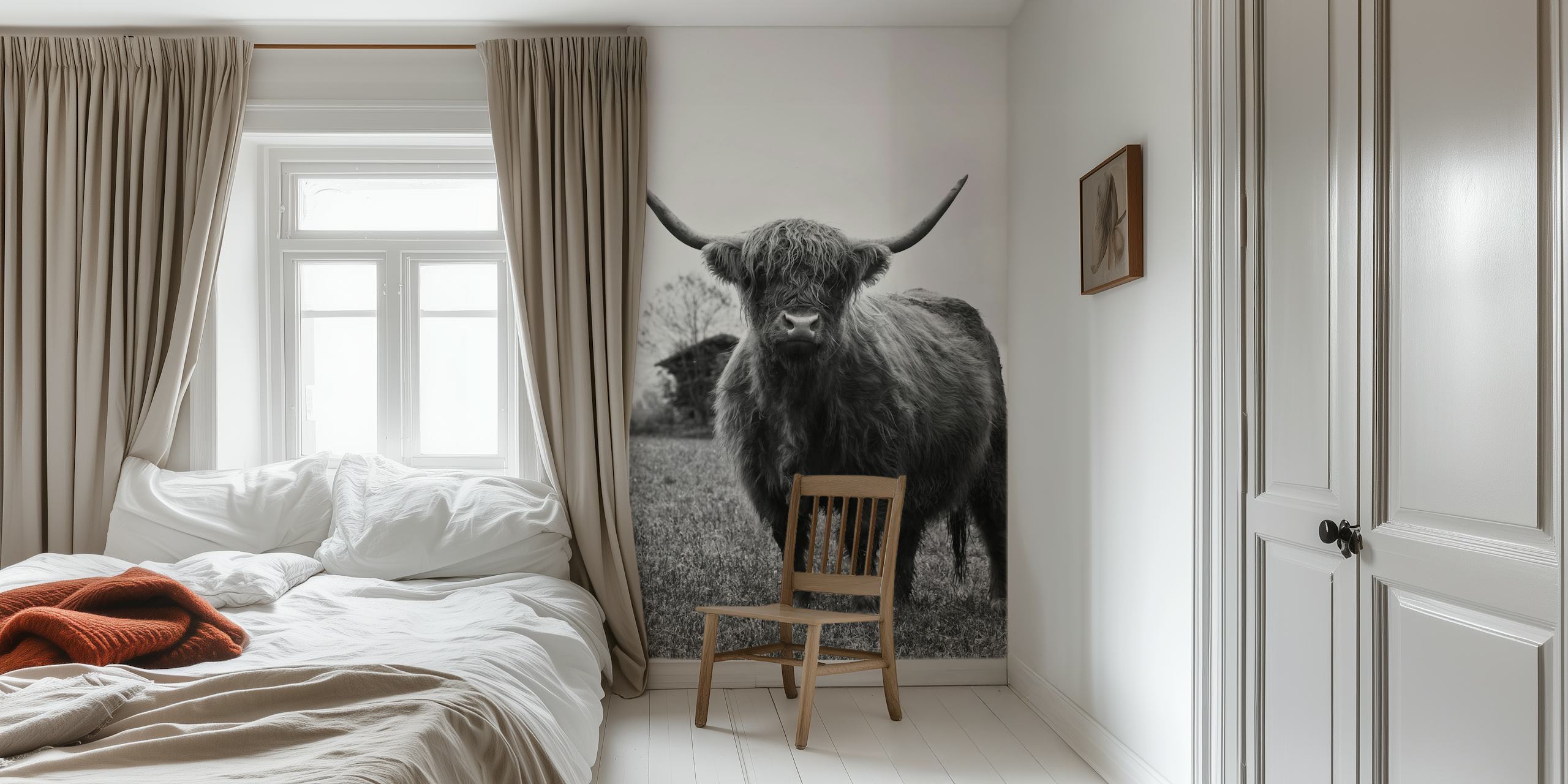 Highland cow with long horns in black and white wallpaper