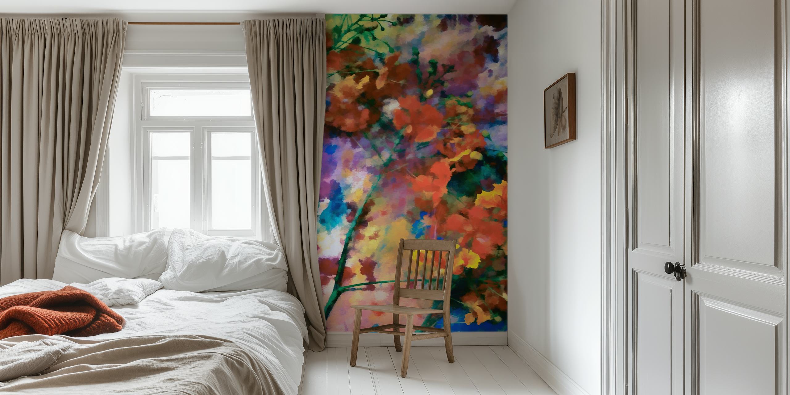 Colorful abstract floral design with greens, yellows, and reds wallpaper