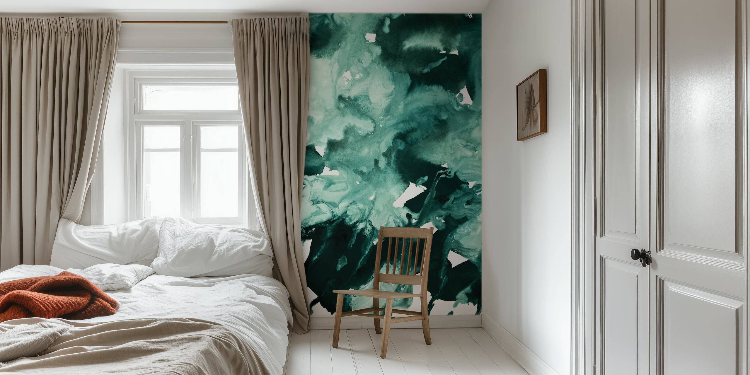 Abstract inkblot marble green wall mural with swirling jade and emerald patterns