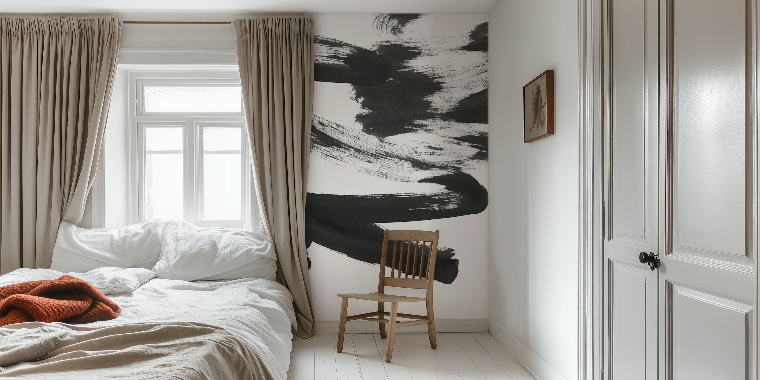 Abstrakt sort og hvid penselstrøg vægmaleri