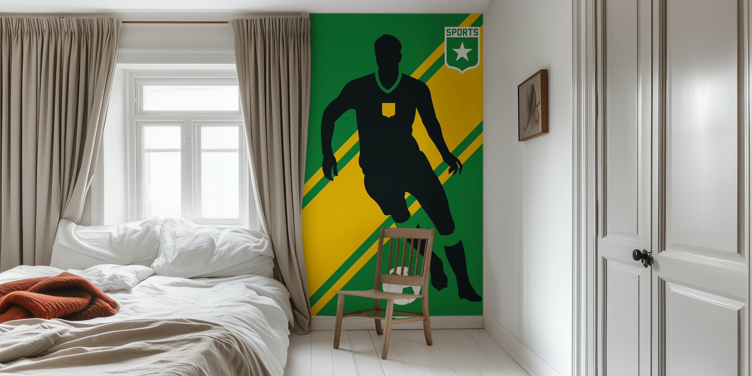 Silhouette of a soccer player with a ball on a green and yellow striped background