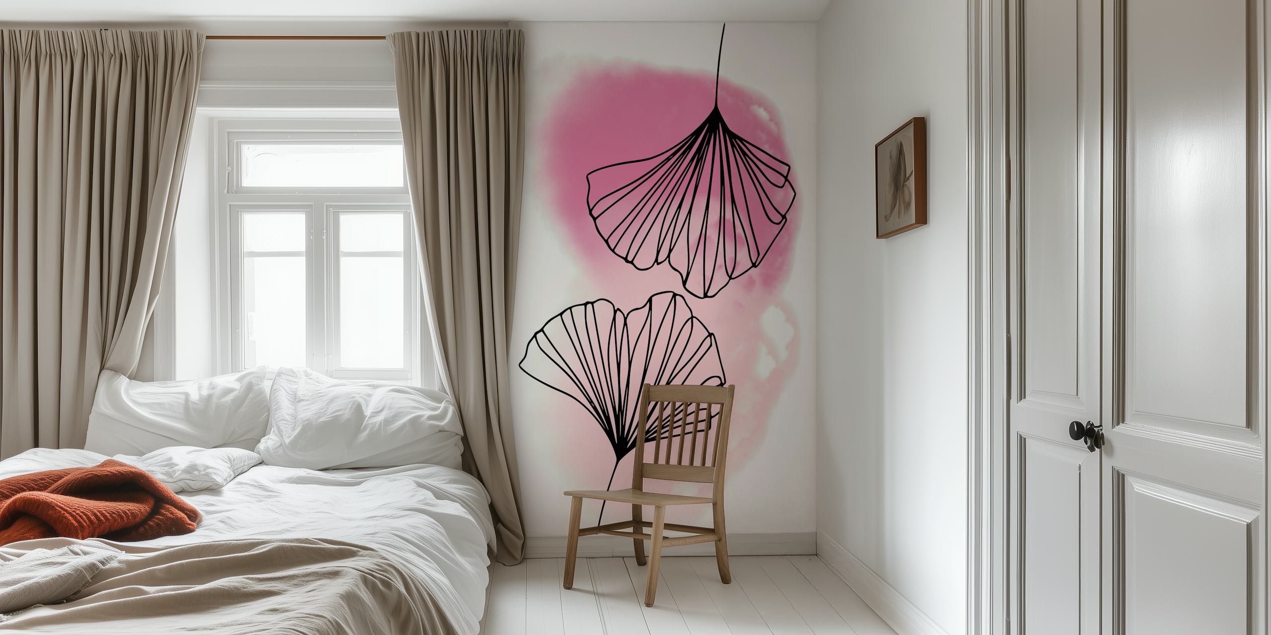 Blush pink and white ginkgo leaf wall mural