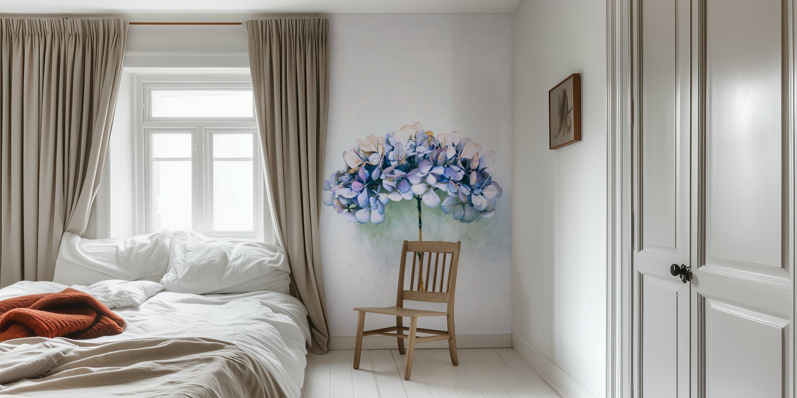 Blue hydrangea floral pattern on white background wallpaper