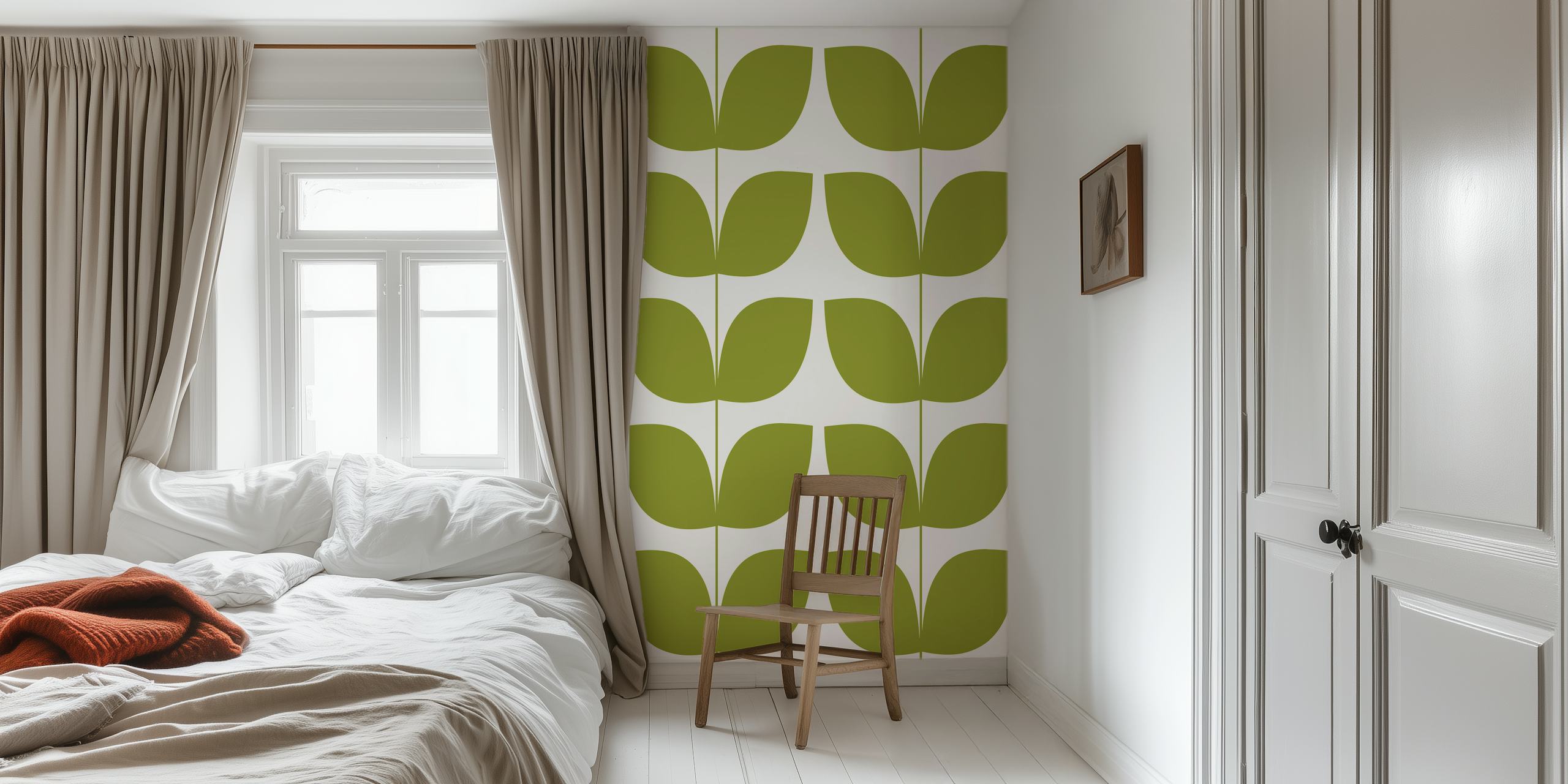 Green leaf pattern on white background mid century wallpaper