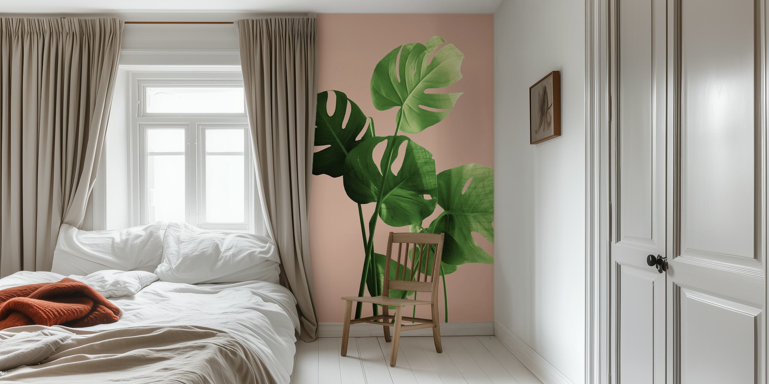 Tropical monstera leaves in green on a pale terracotta background wallpaper