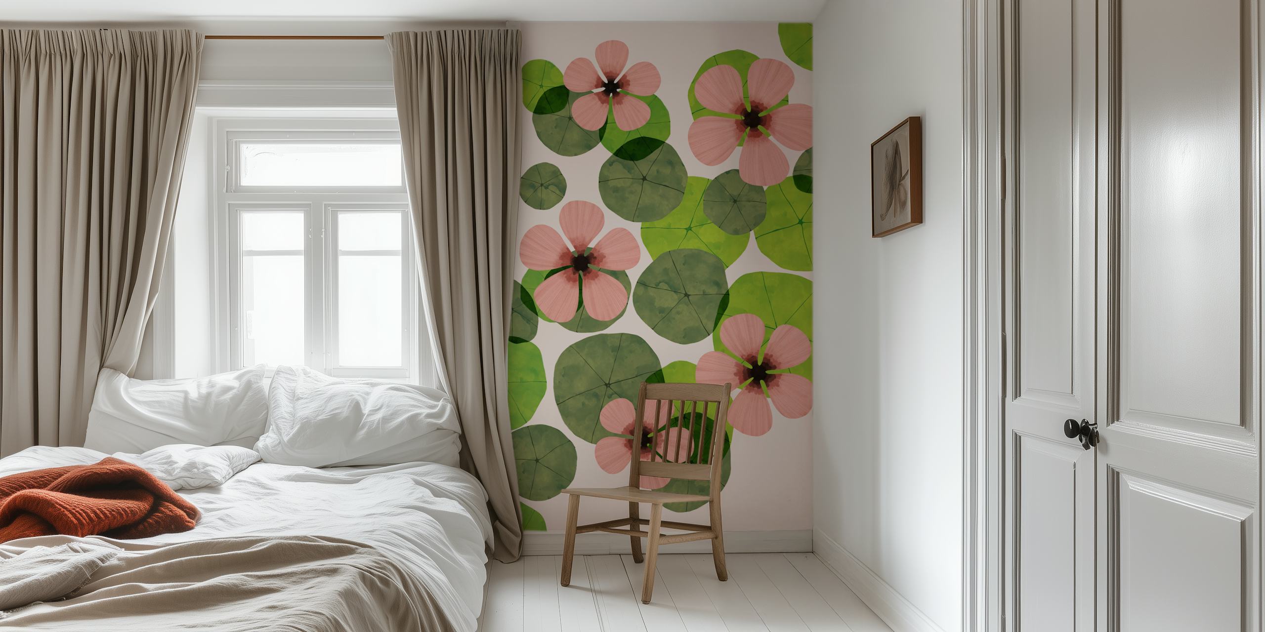 Roze bloemen en groene bladeren op een lichtroze achtergrond, botanisch wallpaper