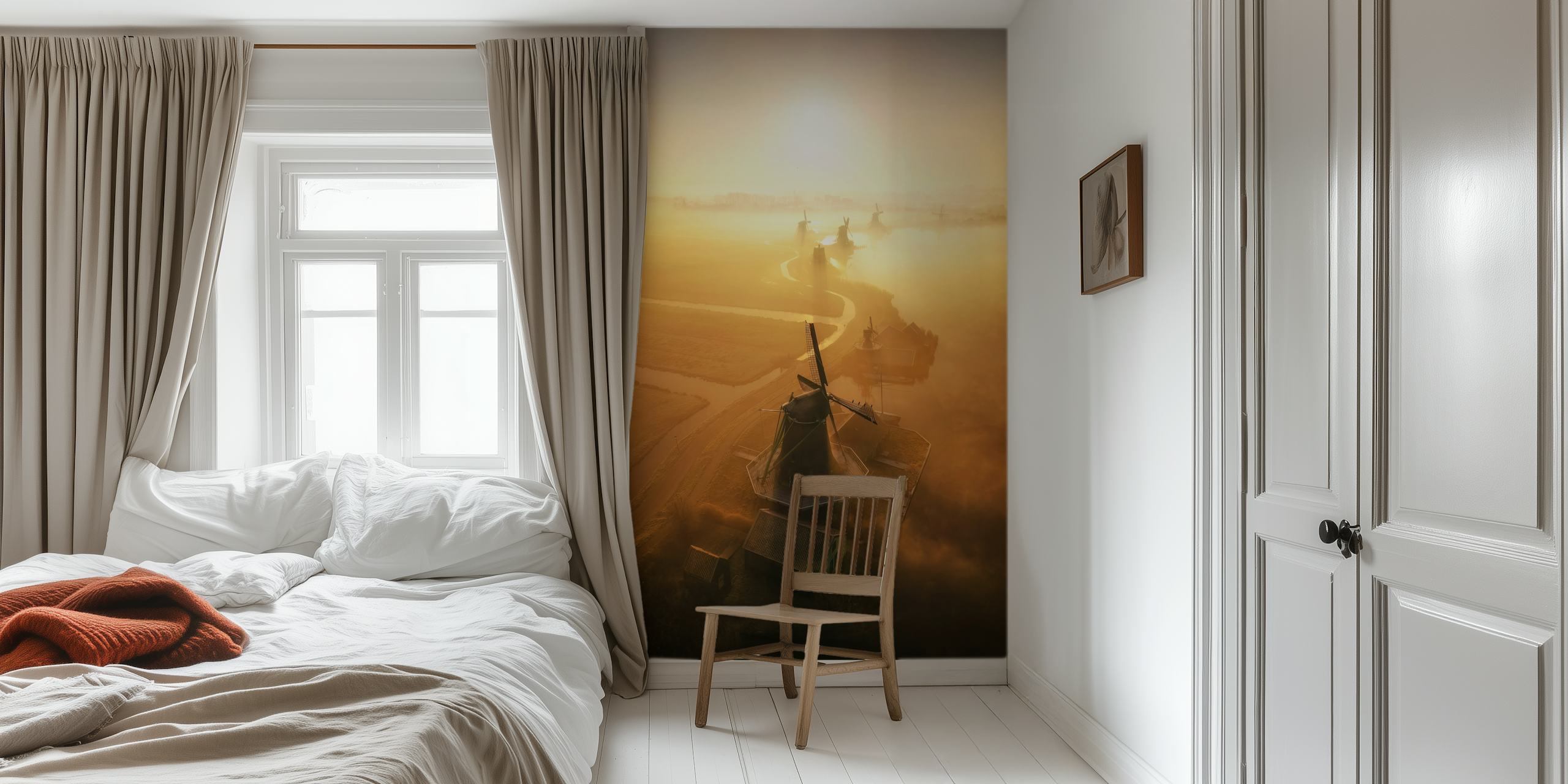Windmills at sunrise wallpaper in a room