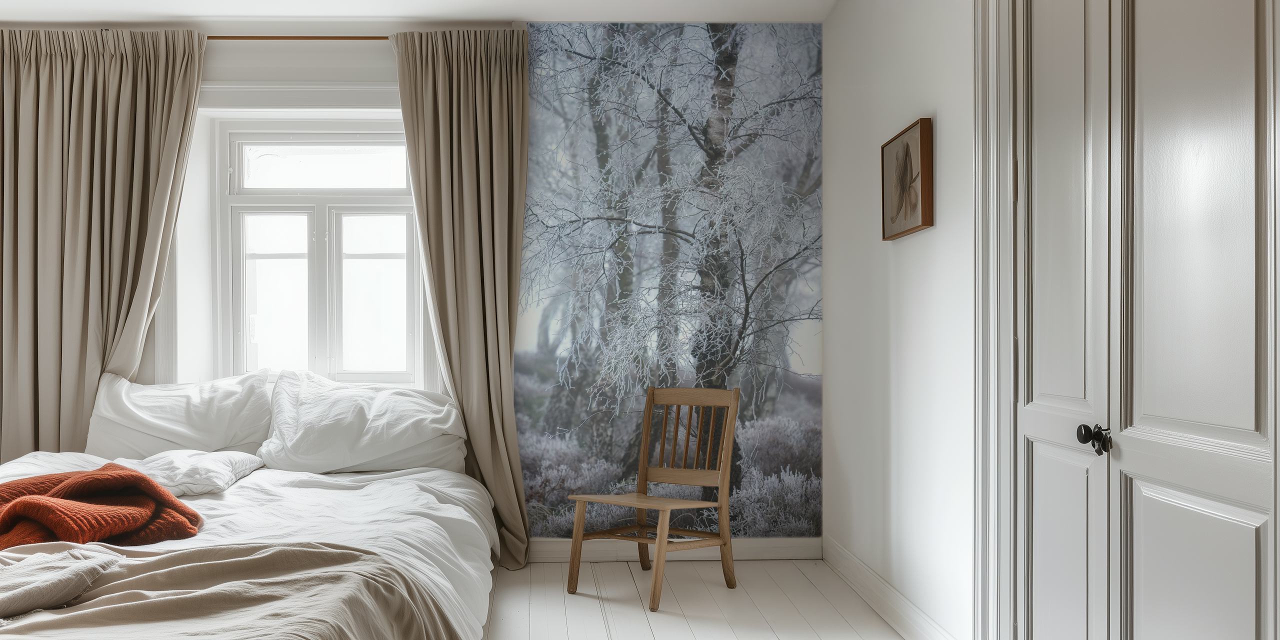 White frozen trees in a misty woodland setting wallpaper