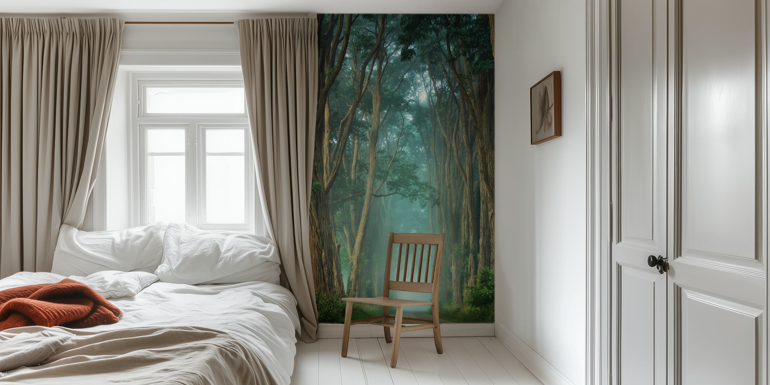 Forest path with tall trees and misty background wallpaper