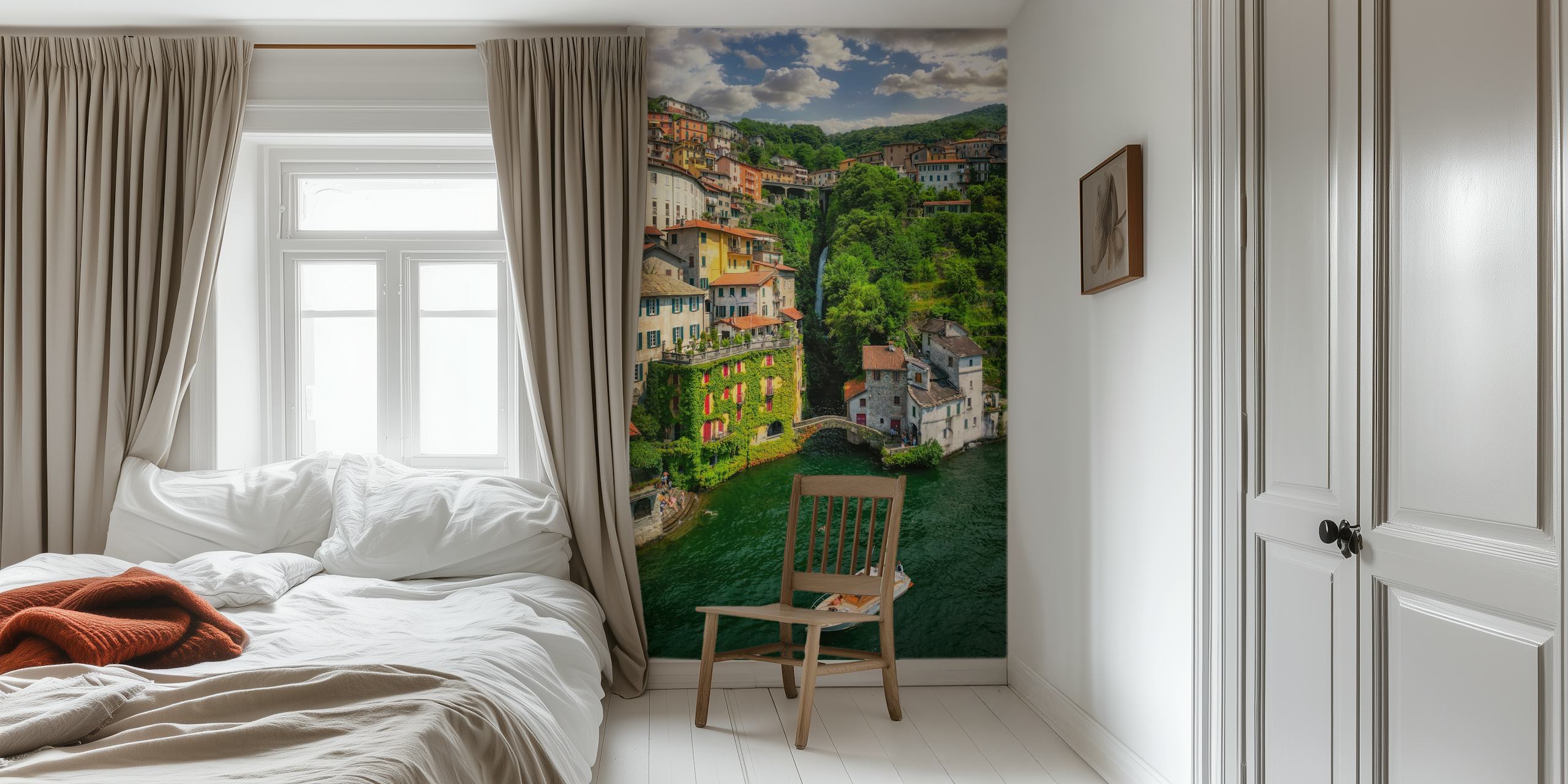 Enchanting lakeside village wallpaper in a room