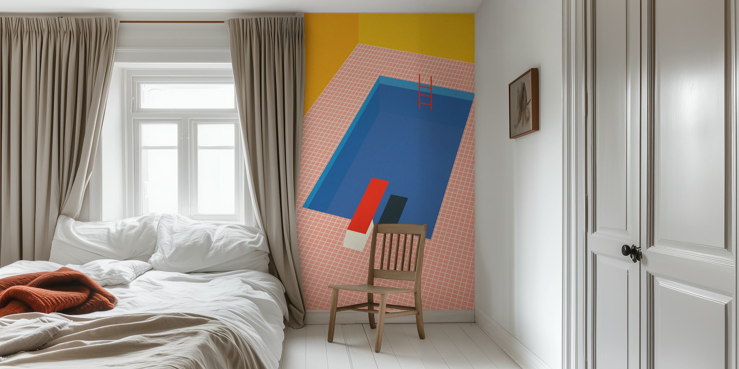 Colorful pool with blue water, red diving board, and yellow wall wallpaper