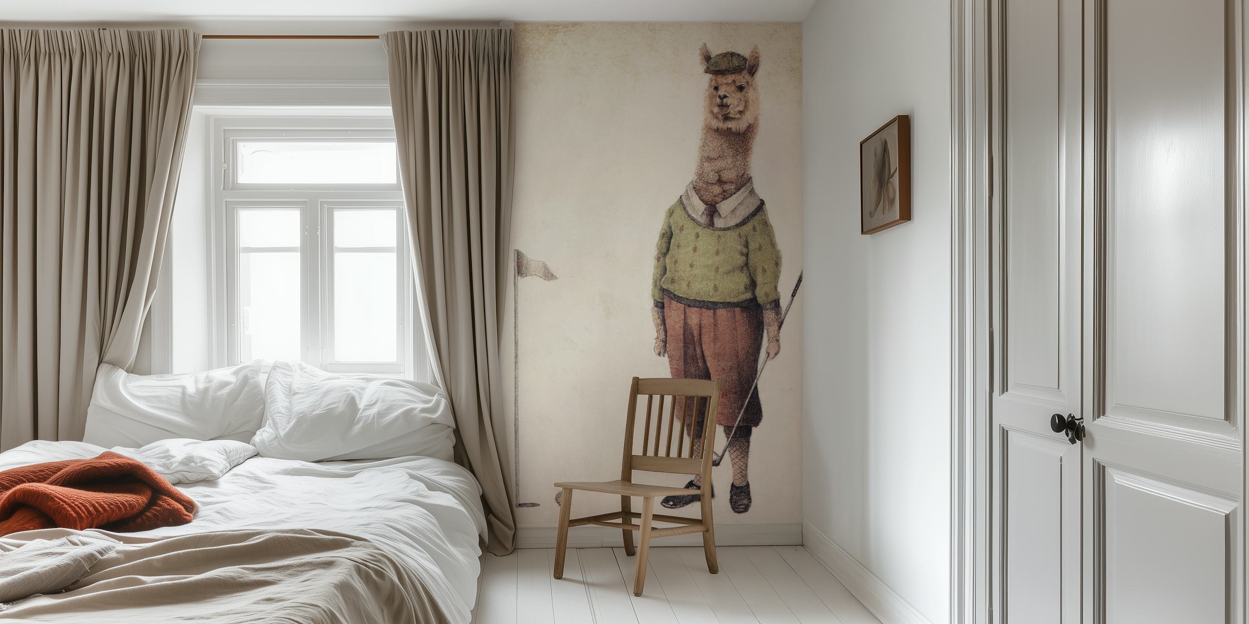 Fototapeta przedstawiająca alpakę w stroju golfowym gotową do gry, na teksturowanym tle.