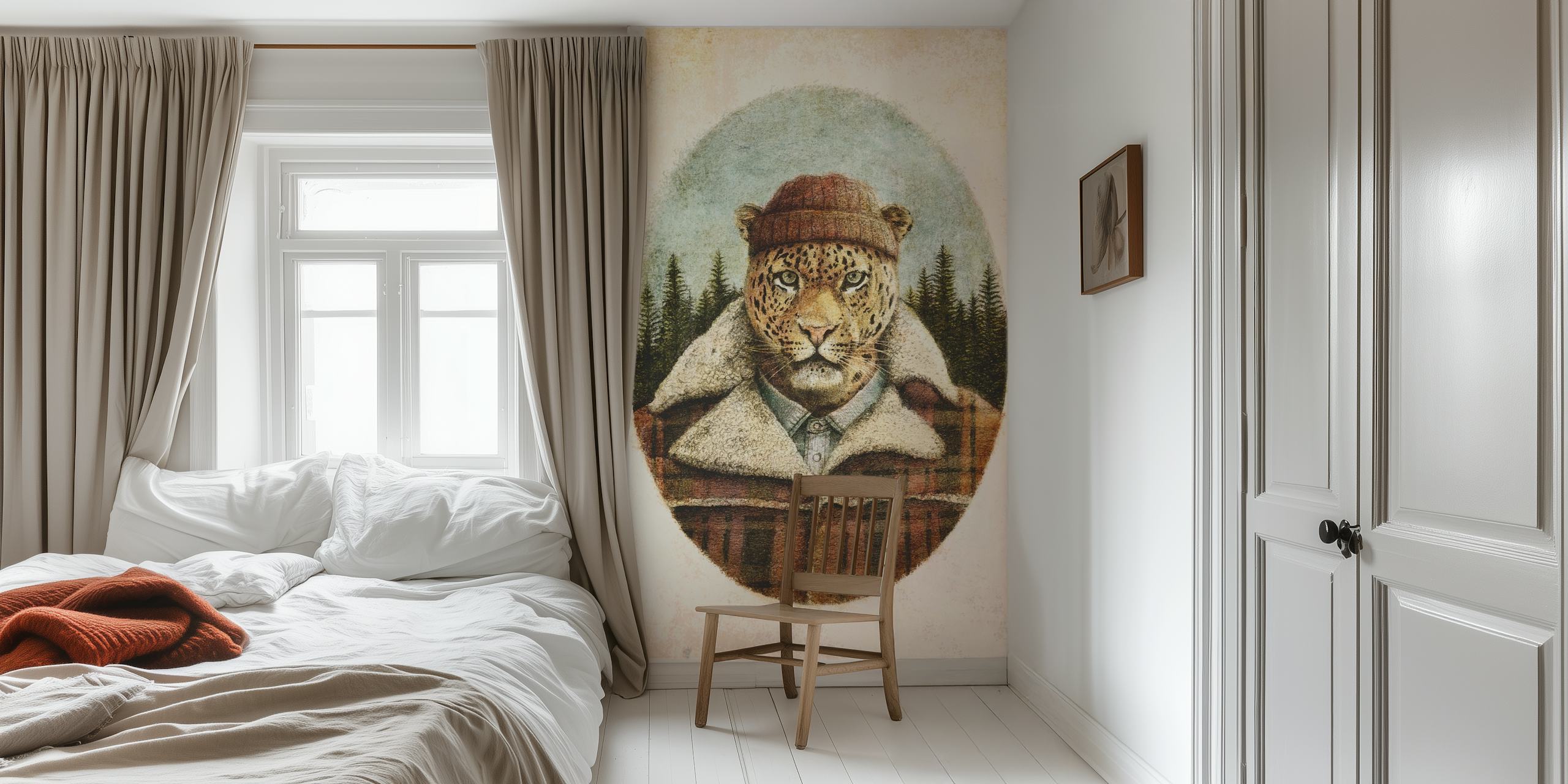 Leopard wearing a hat and plaid shirt in forest setting wallpaper