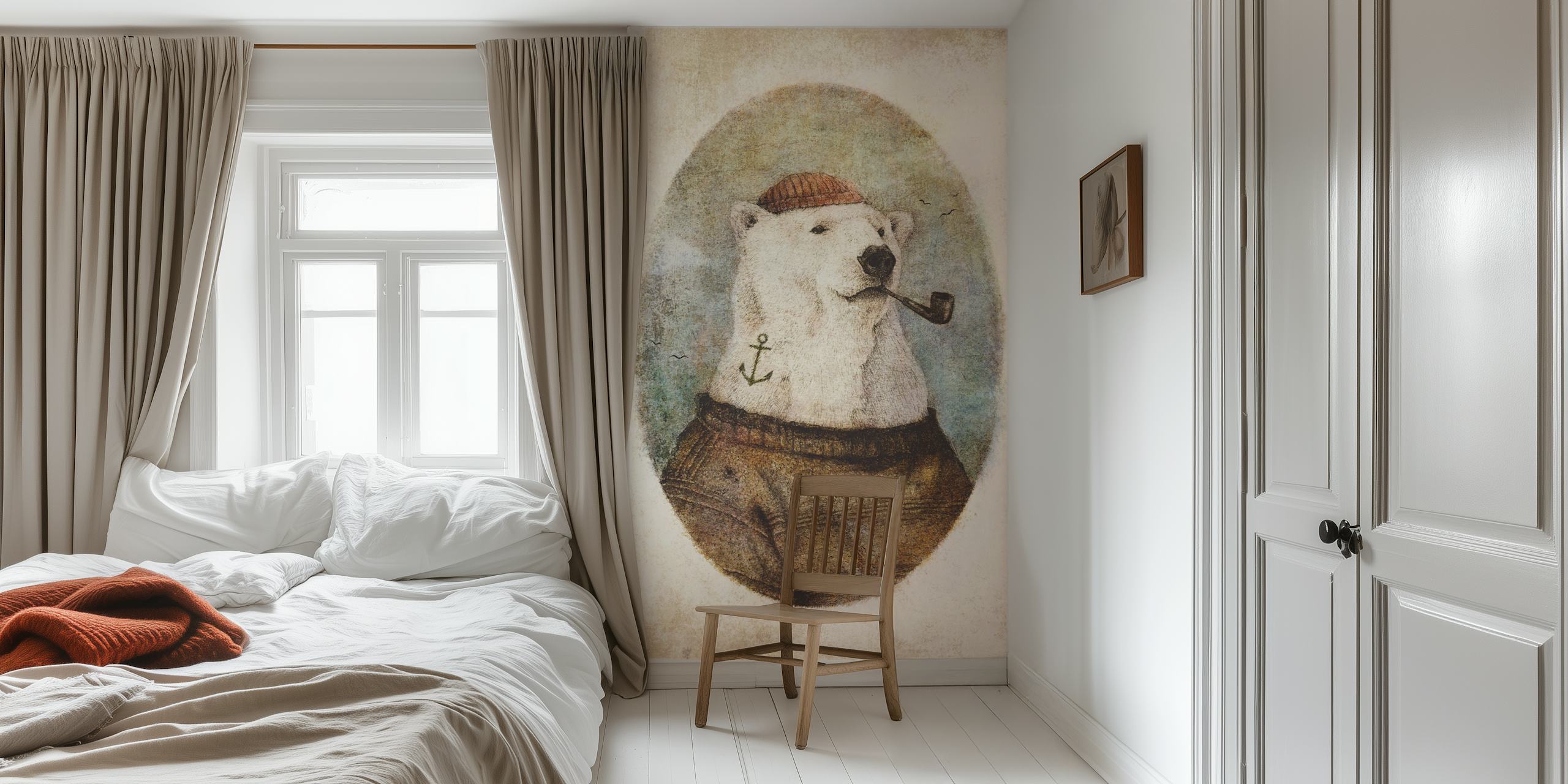 Whimsical polar bear sailor illustration wall mural on a vintage background