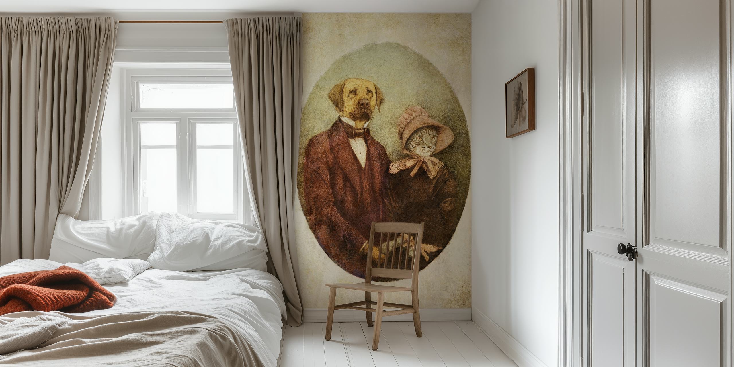 Vintage pet portrait of a dog and cat in formal attire wallpaper