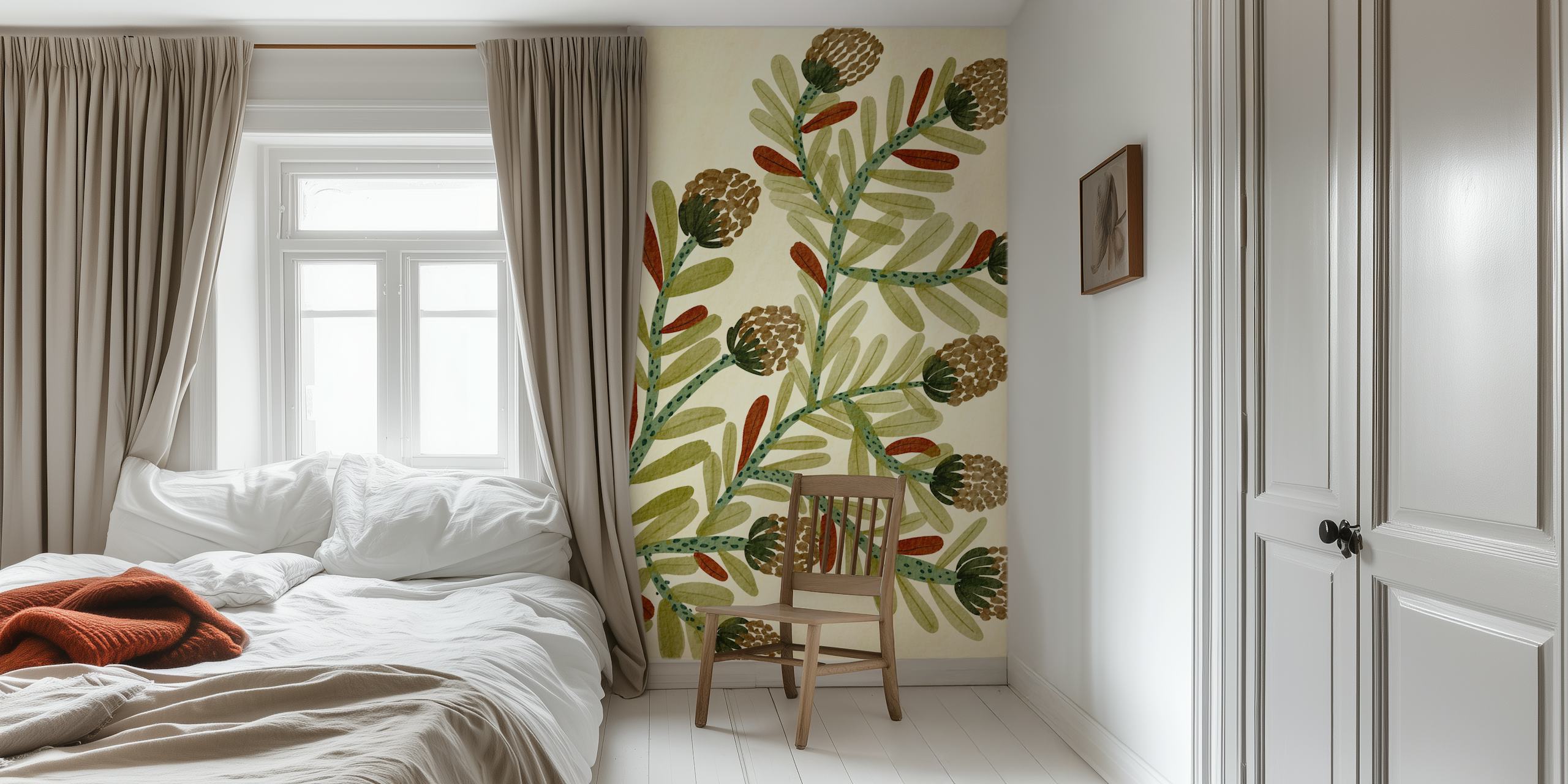 Whimsical botanical wallpaper in a room