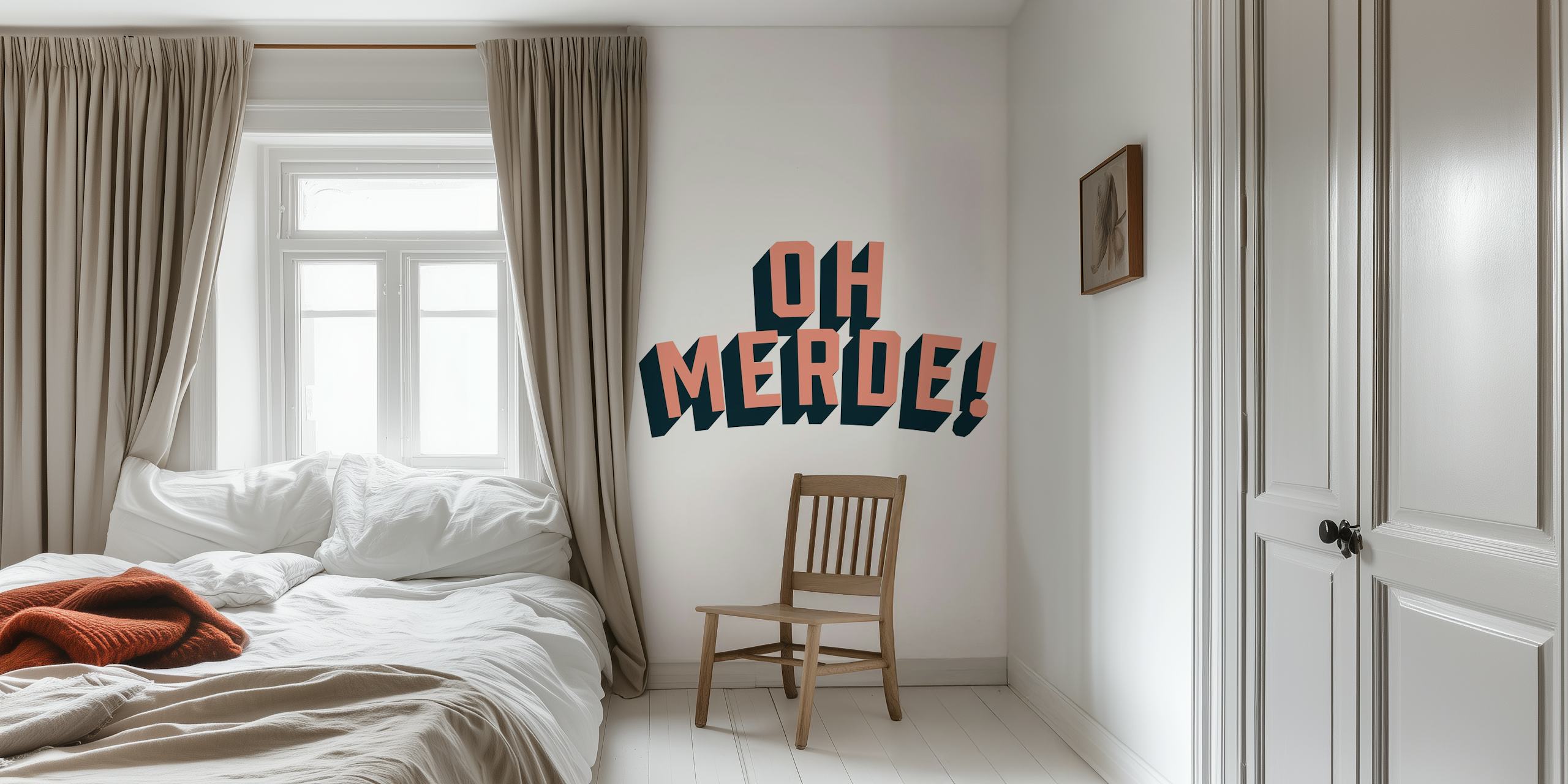 Bold typography in pink and navy on white wallpaper