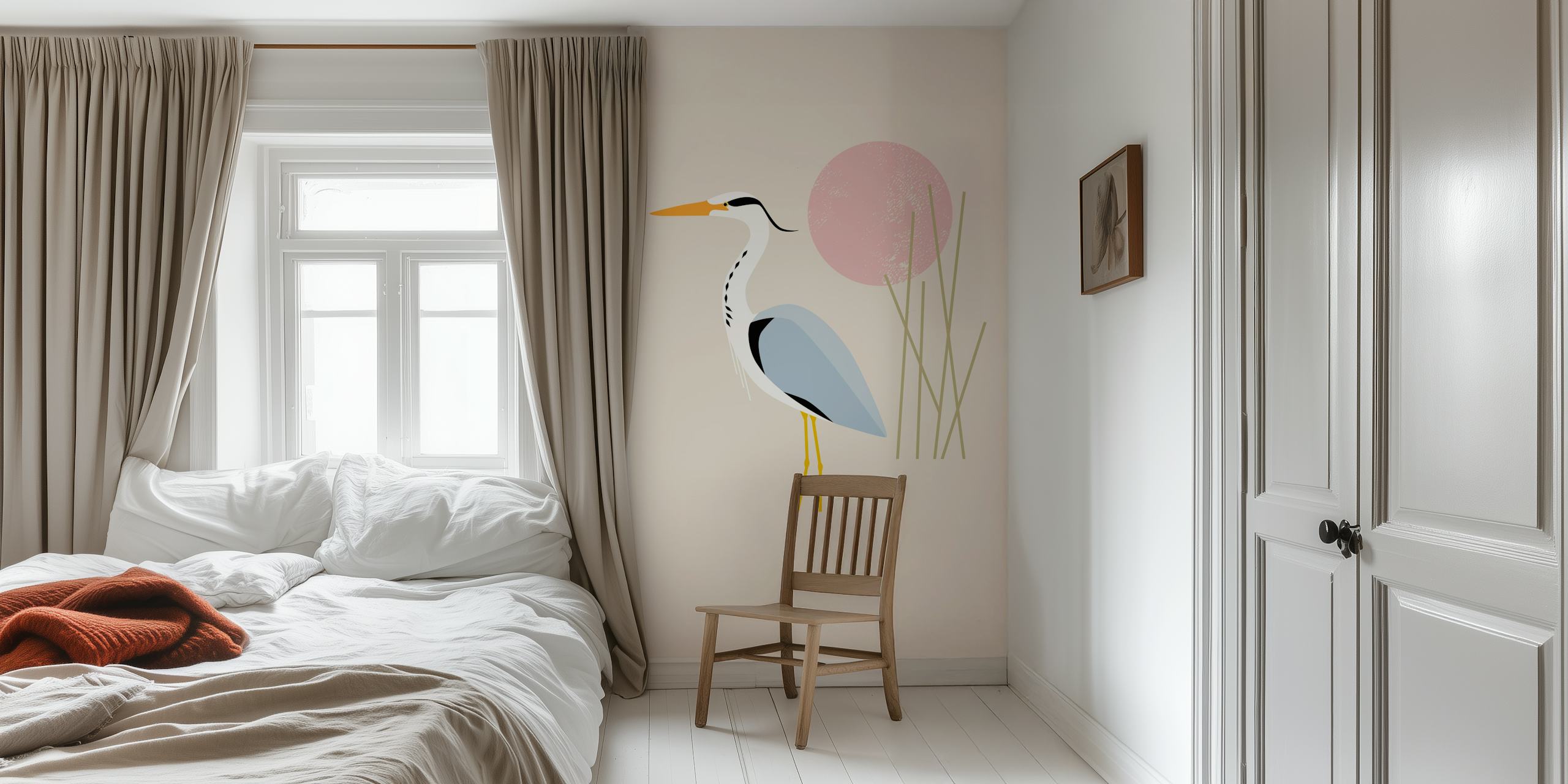 Stylized heron wall mural with pastel background and reeds