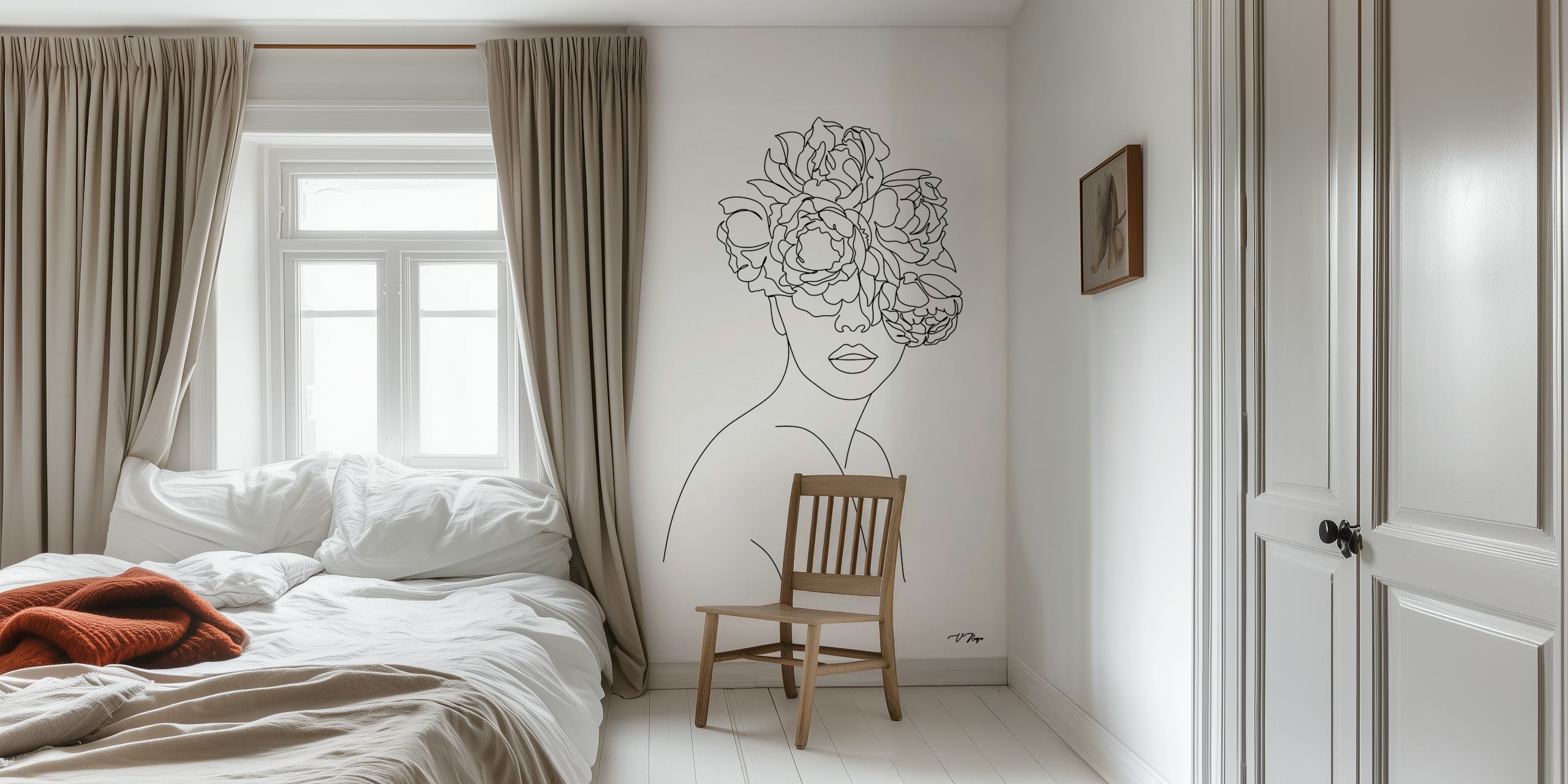 Carta da parati Peony face line art in una stanza