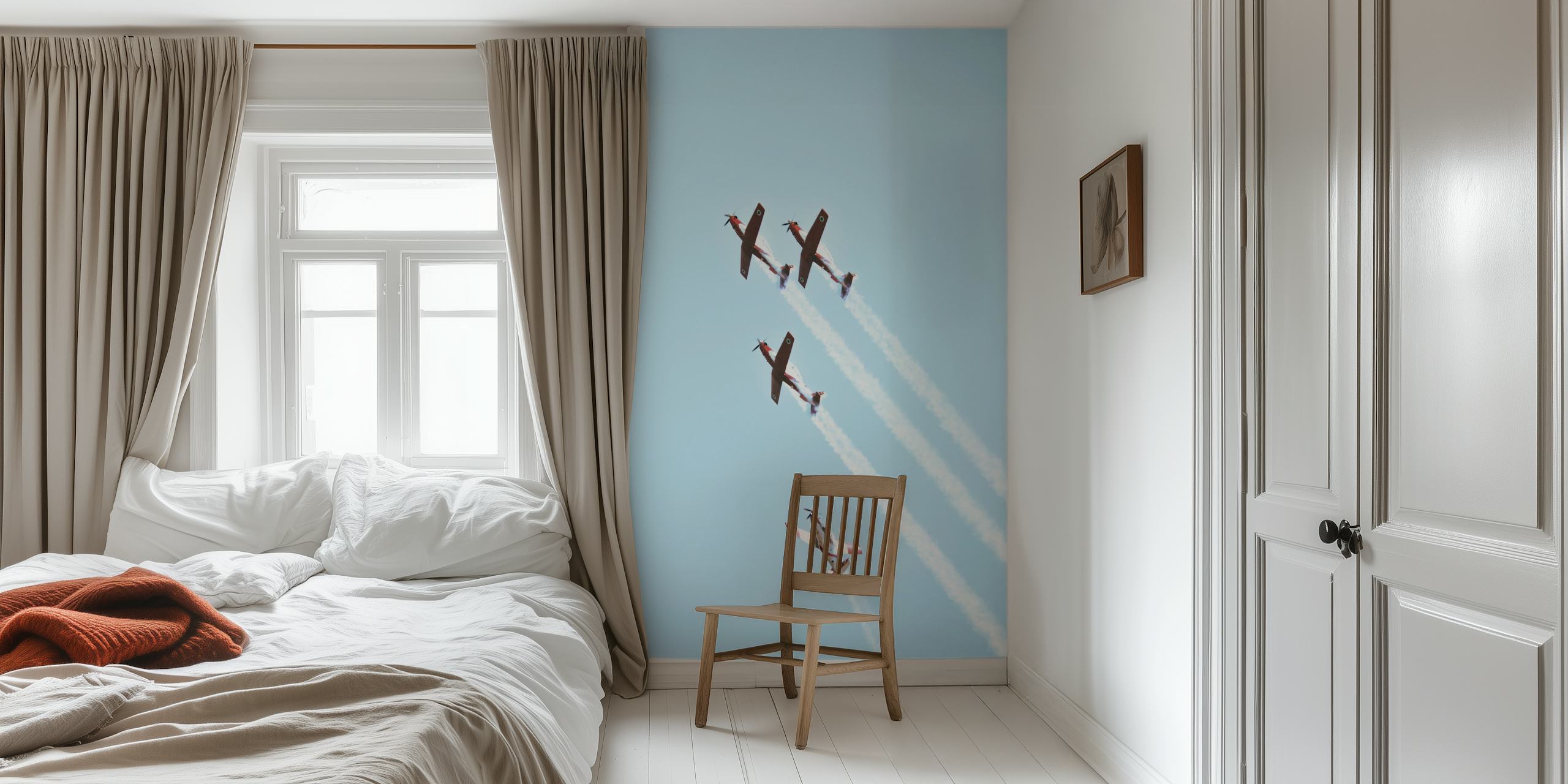 Vintage aircraft wall mural showcasing a formation of planes against a light blue sky with vapor trails.