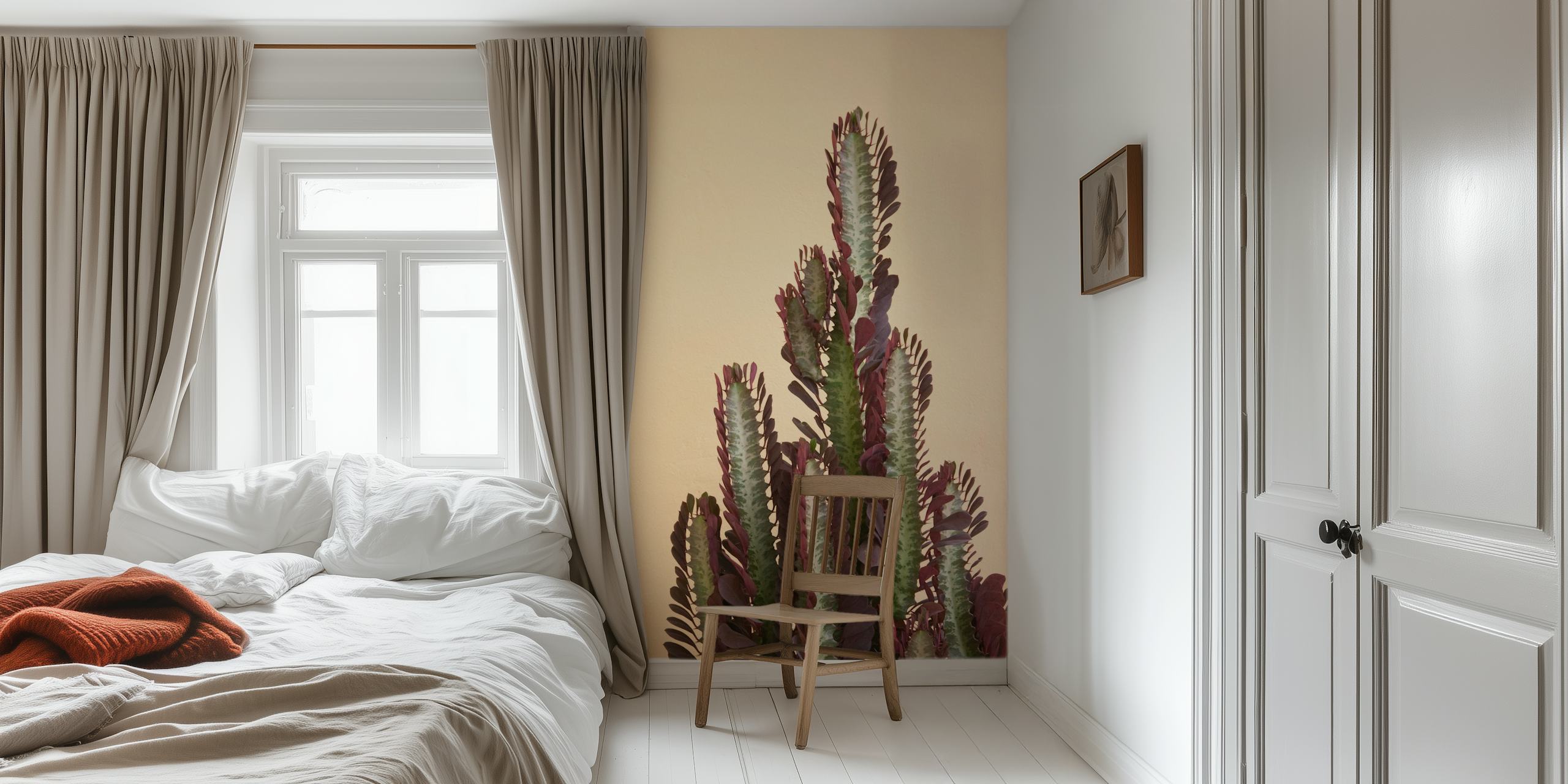 Cactus plant with purple and green leaves on beige background wallpaper