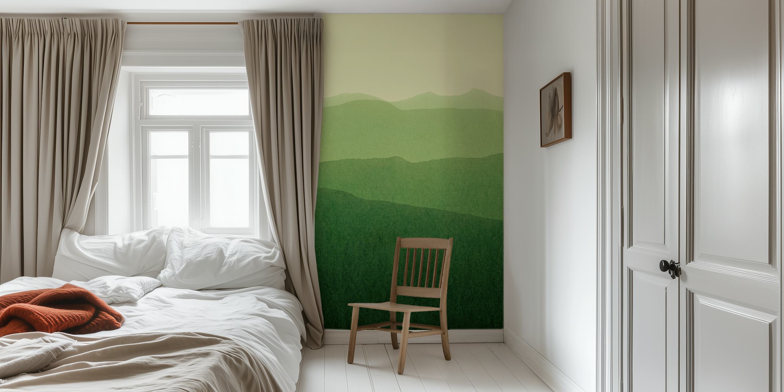 Papier peint paysage stylisé en dégradé vert représentant des collines