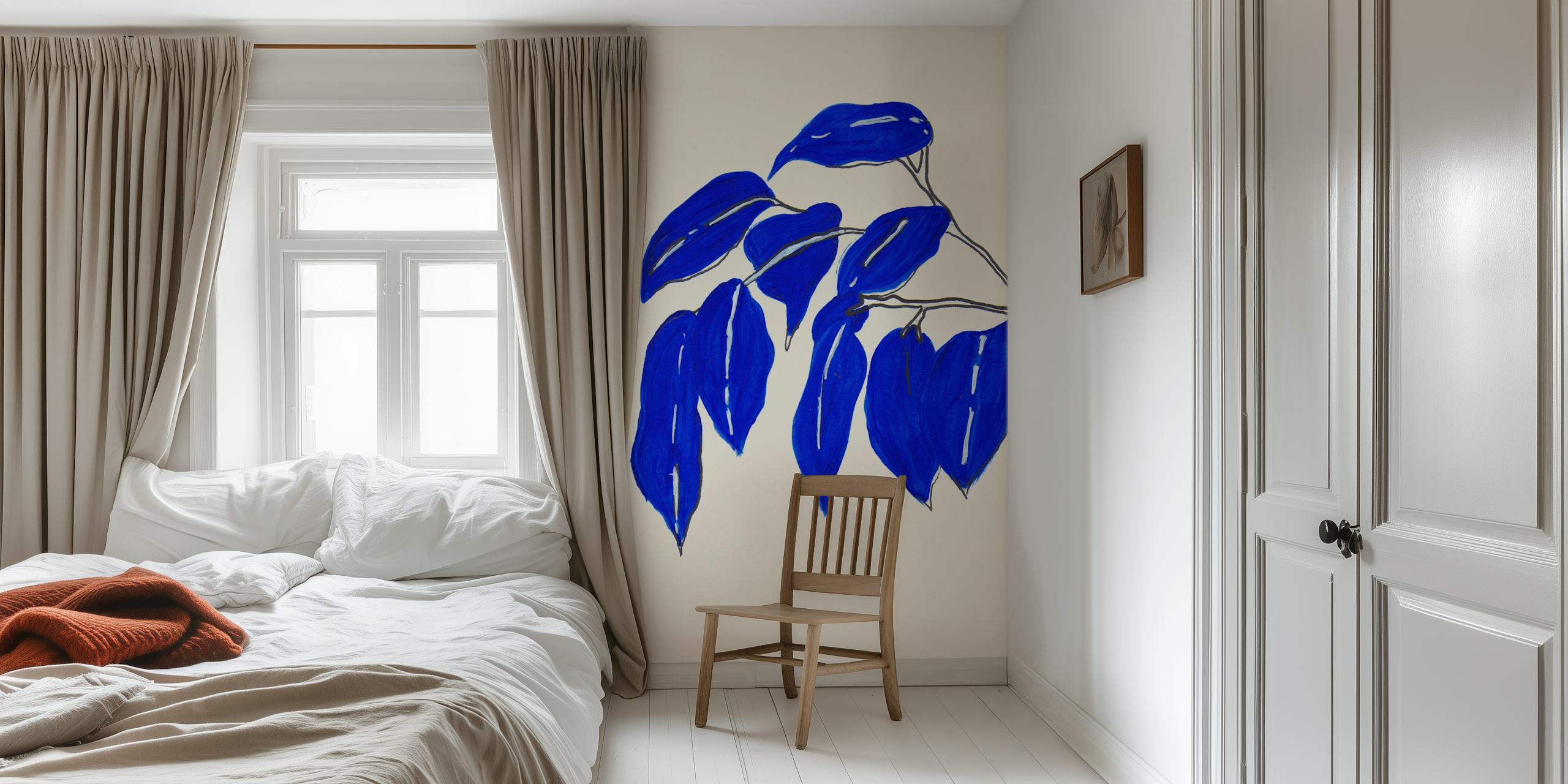 Abstract blue ficus leaves illustration on a wall mural