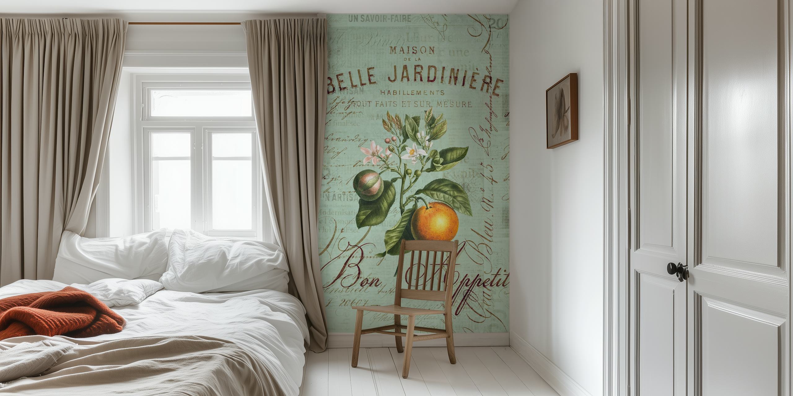 Vintage floral wallpaper with green leaves and orange fruits, decorative text design.