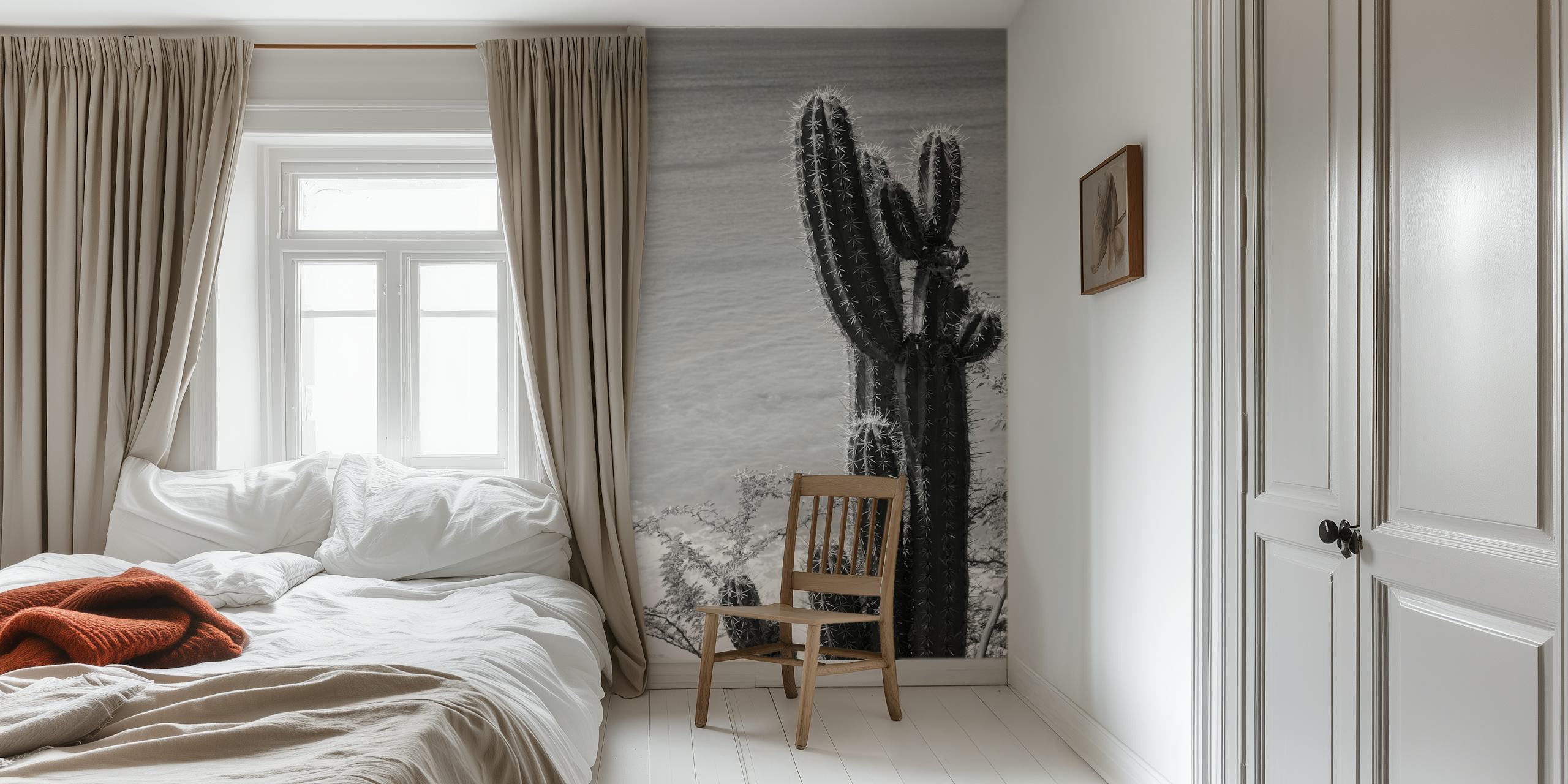 Black and white cactus against the ocean view wallpaper