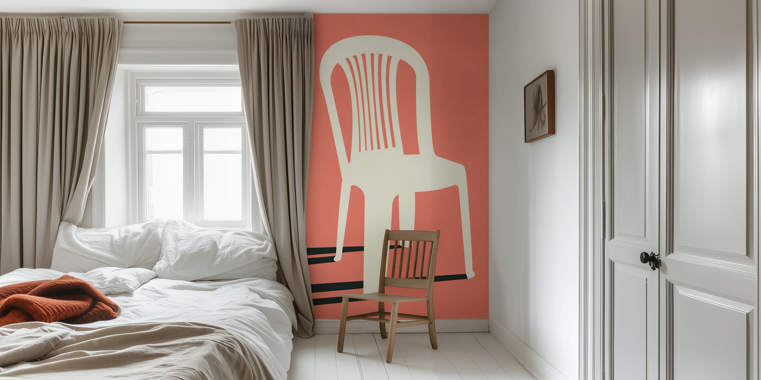Minimalist chair illustration in white on coral background wallpaper
