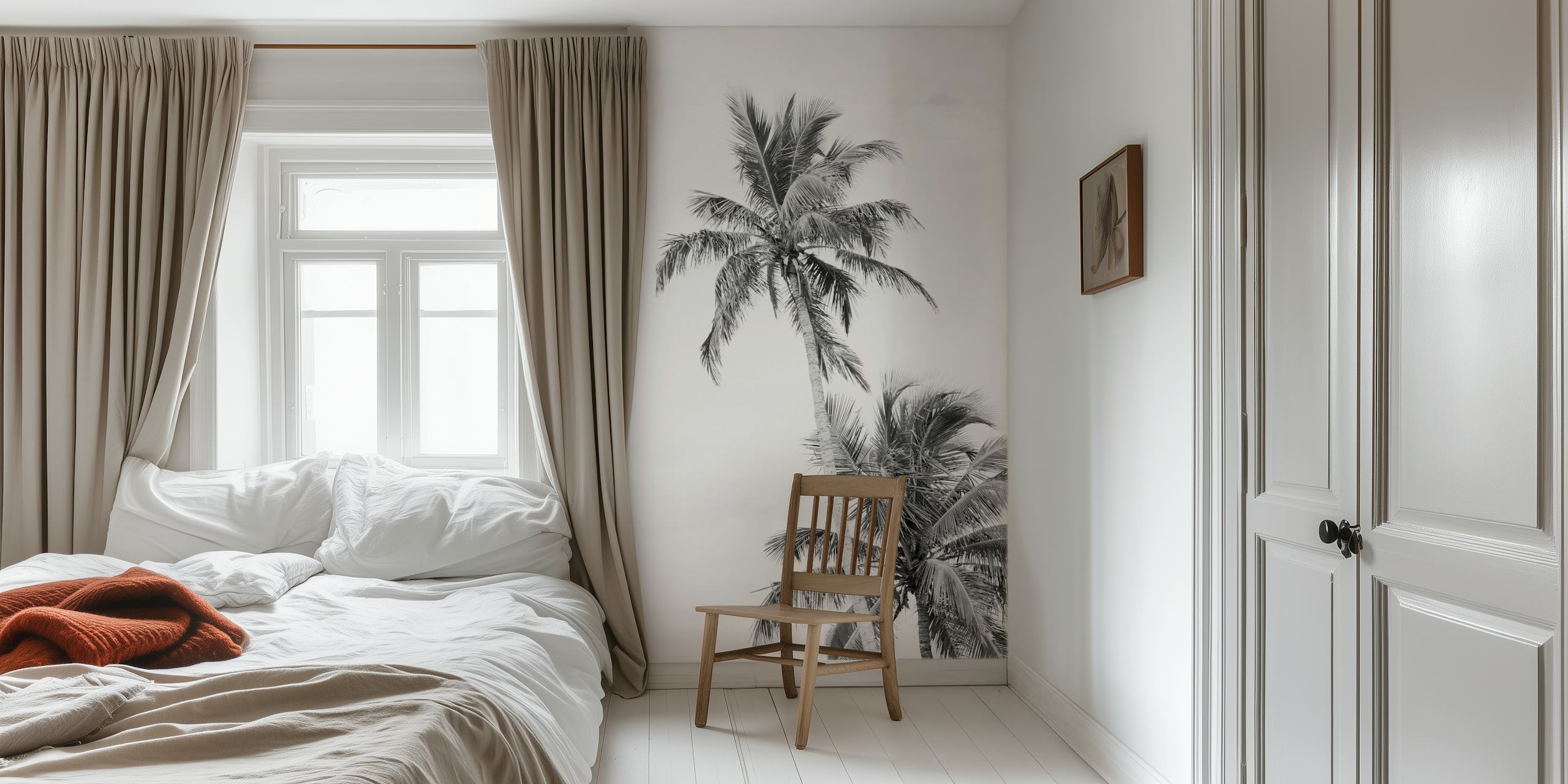Tropical palm trees in black and white wallpaper