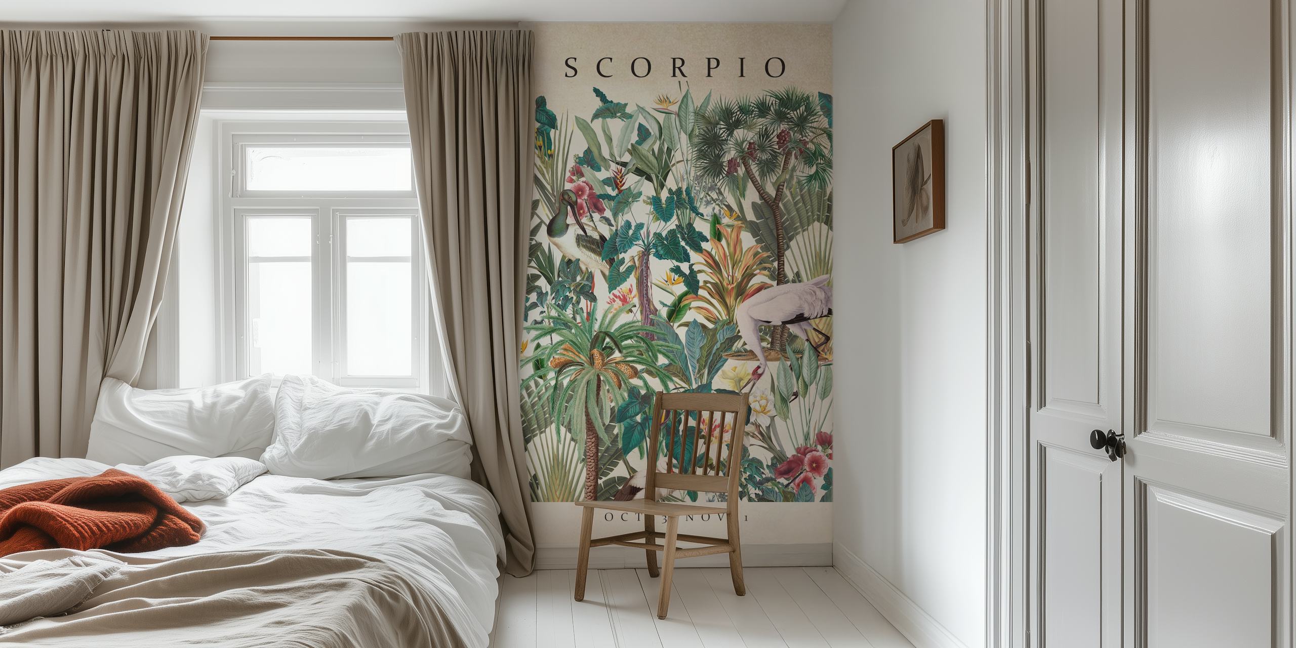 Tropical floral and greenery wallpaper featuring pink, green, and beige colors.