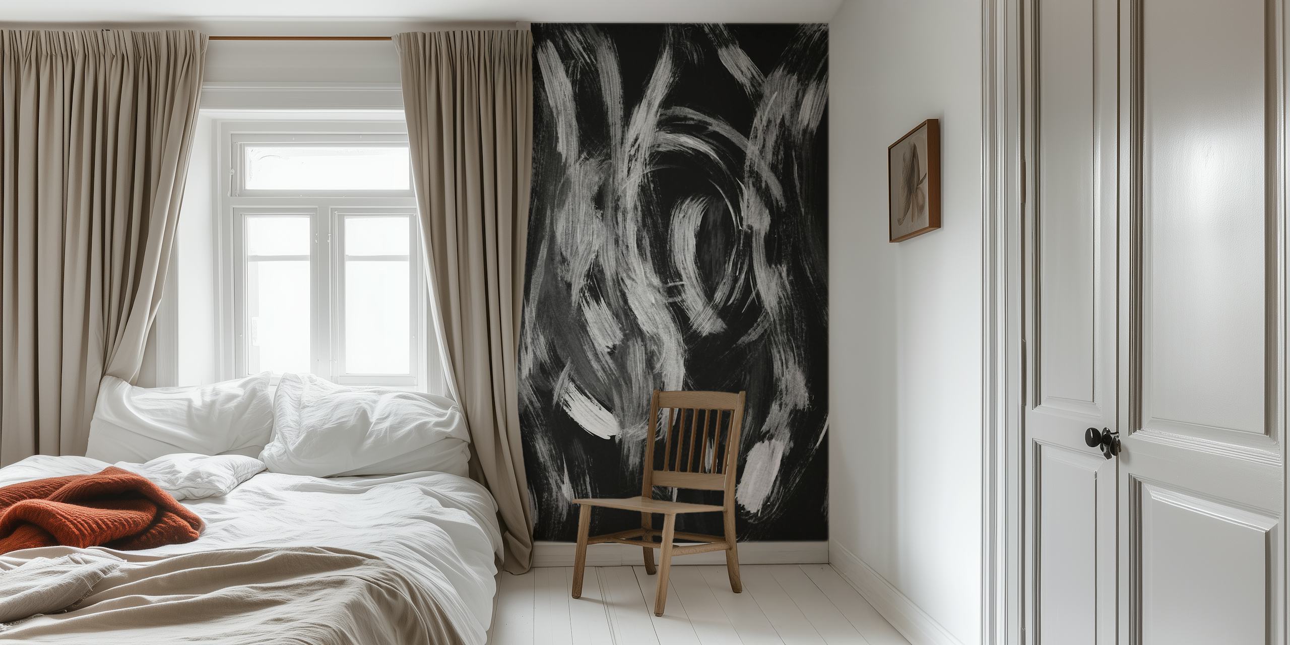 Abstract black and white paint brushstrokes wall mural