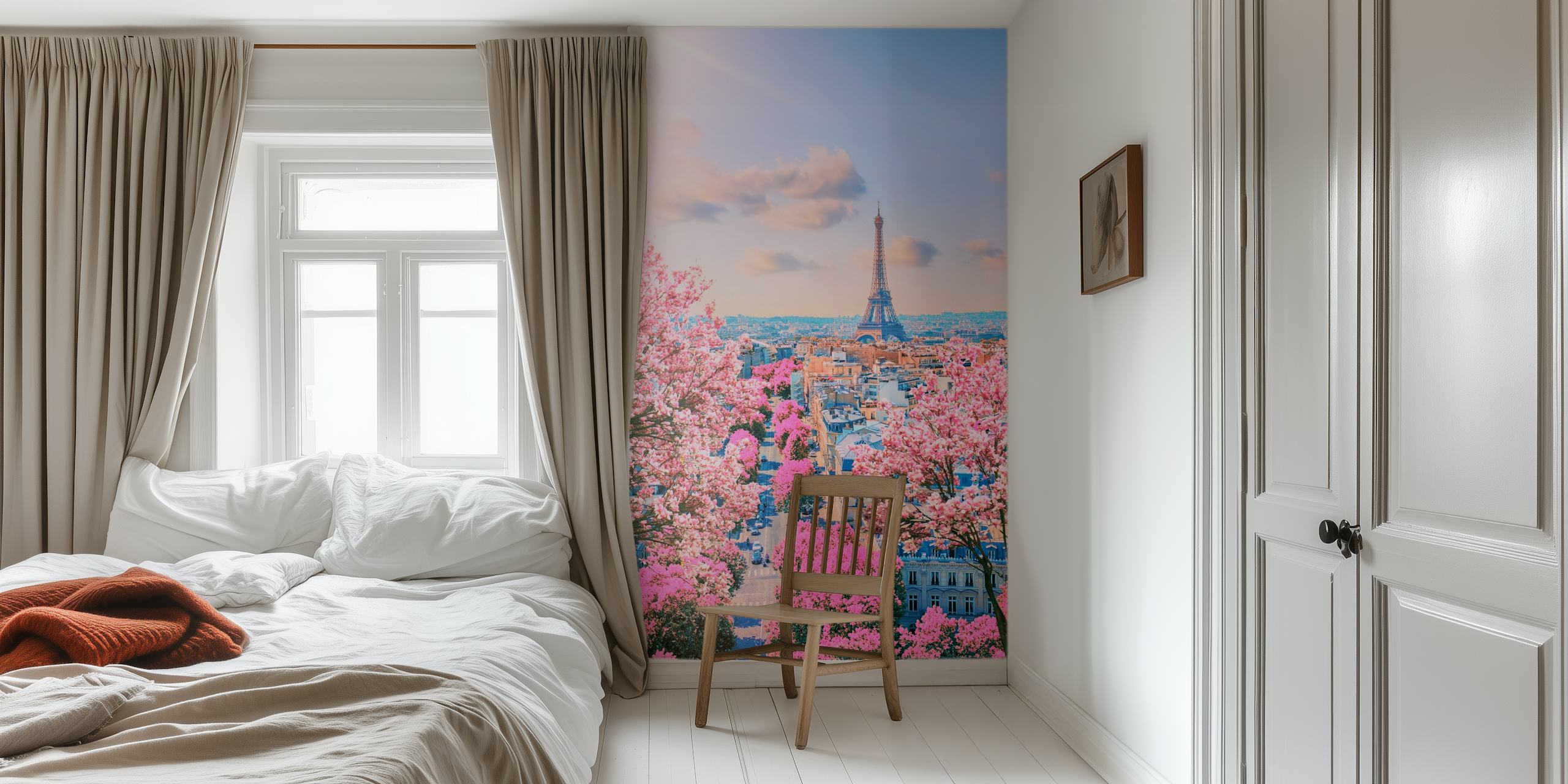 Cherry blossoms and Eiffel Tower against a pink sky wallpaper