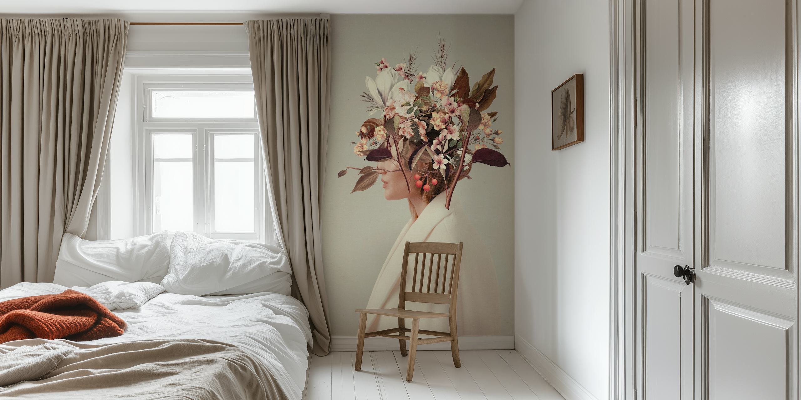 Woman with floral crown, pastel shades, artistic wallpaper