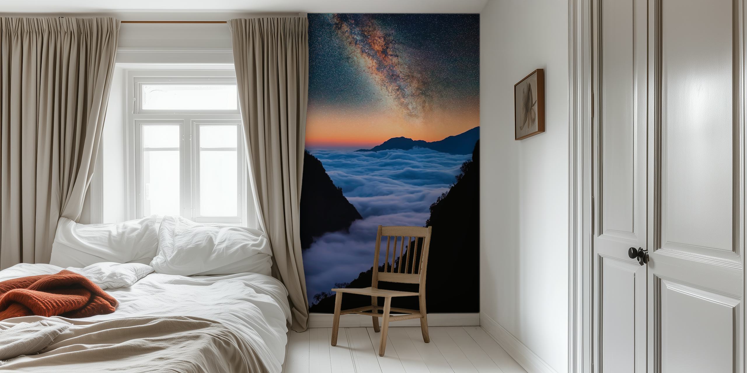 Mountain landscape with clouds and starry sky wallpaper
