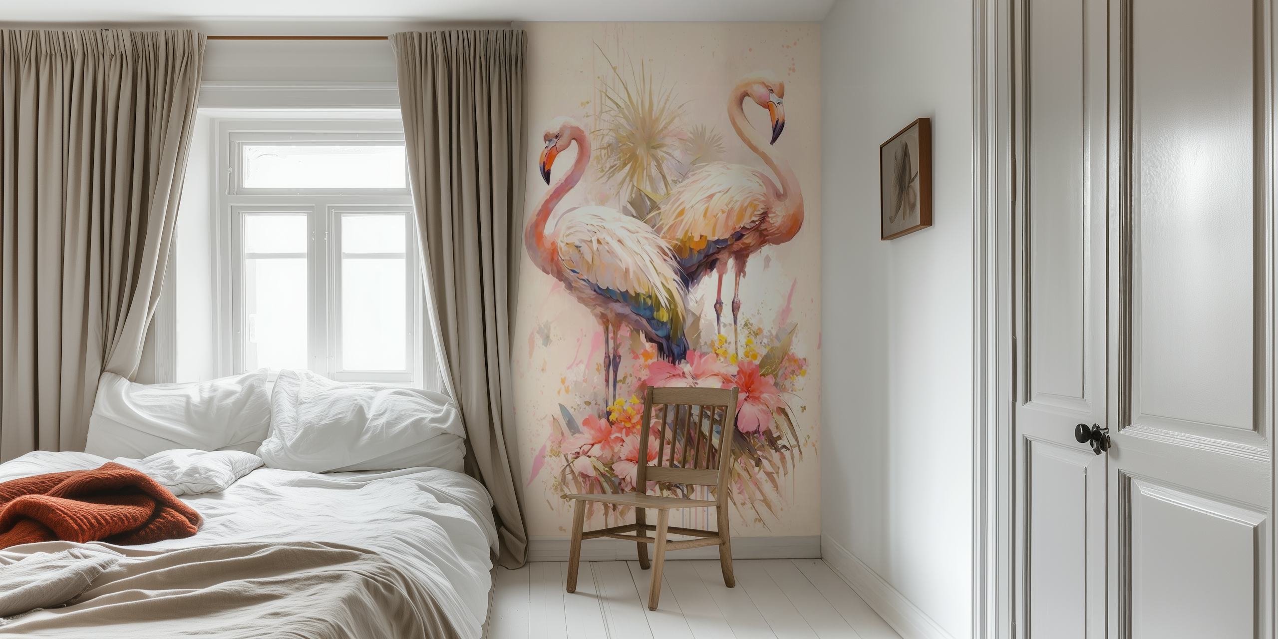 Two flamingos surrounded by floral patterns in pastel colors wallpaper