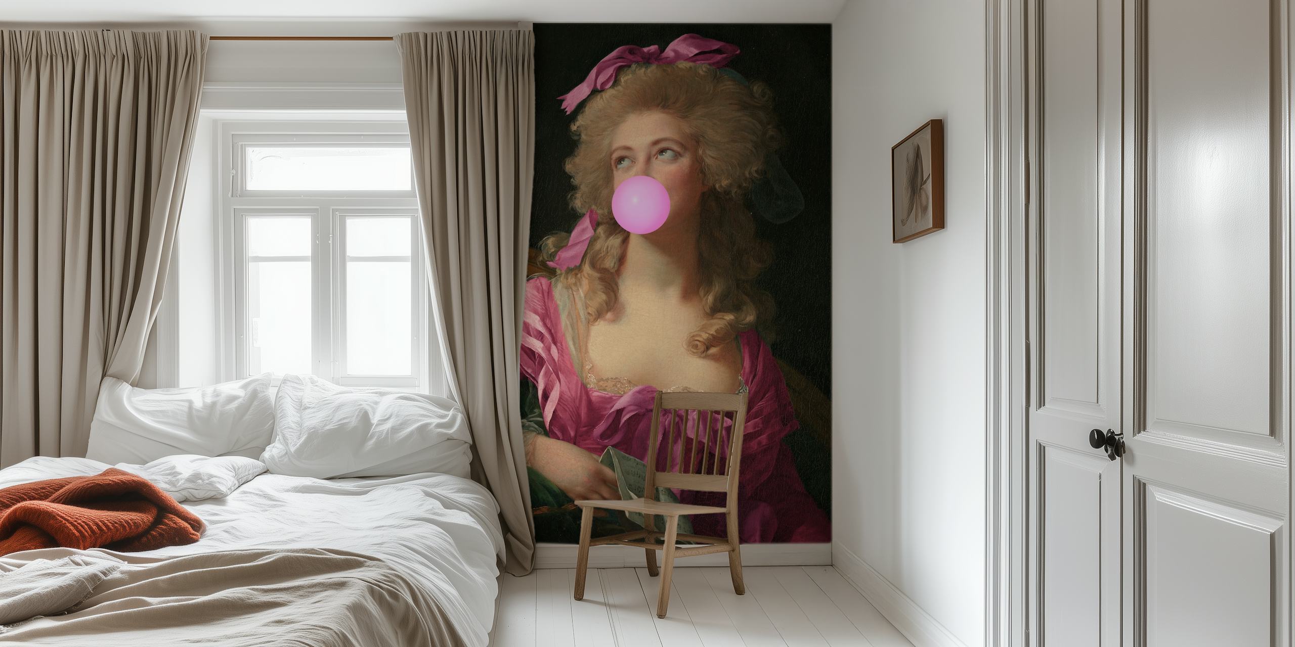 Portrait of a woman blowing bubble gum with pink hair and dress, vintage style wallpaper