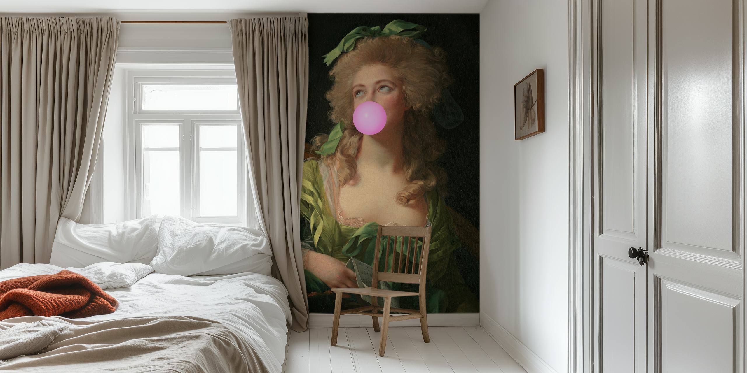 Pink bubble gum girly retro wallpaper with vintage portrait