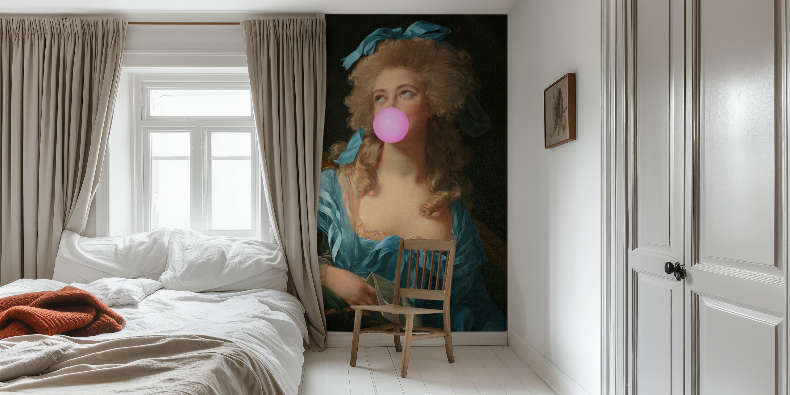 Woman with blue dress and pink bubblegum, vintage style wallpaper