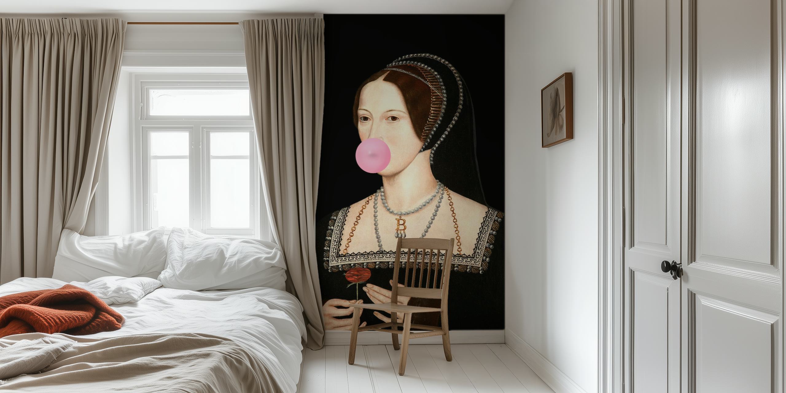 Portrait of a woman blowing pink bubble gum, vintage style wallpaper