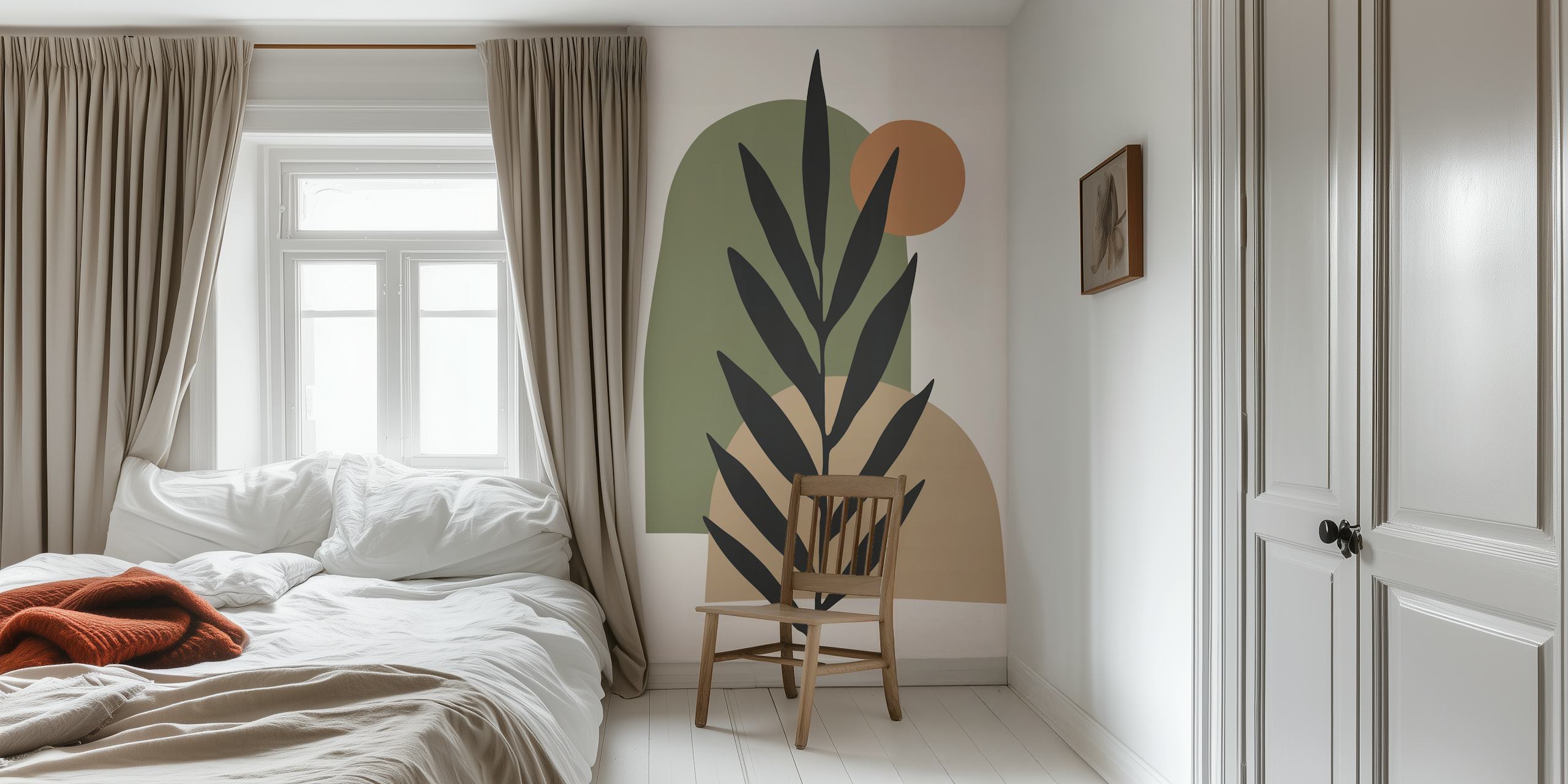 Leafy branch with abstract layered shapes in greens and beige wallpaper
