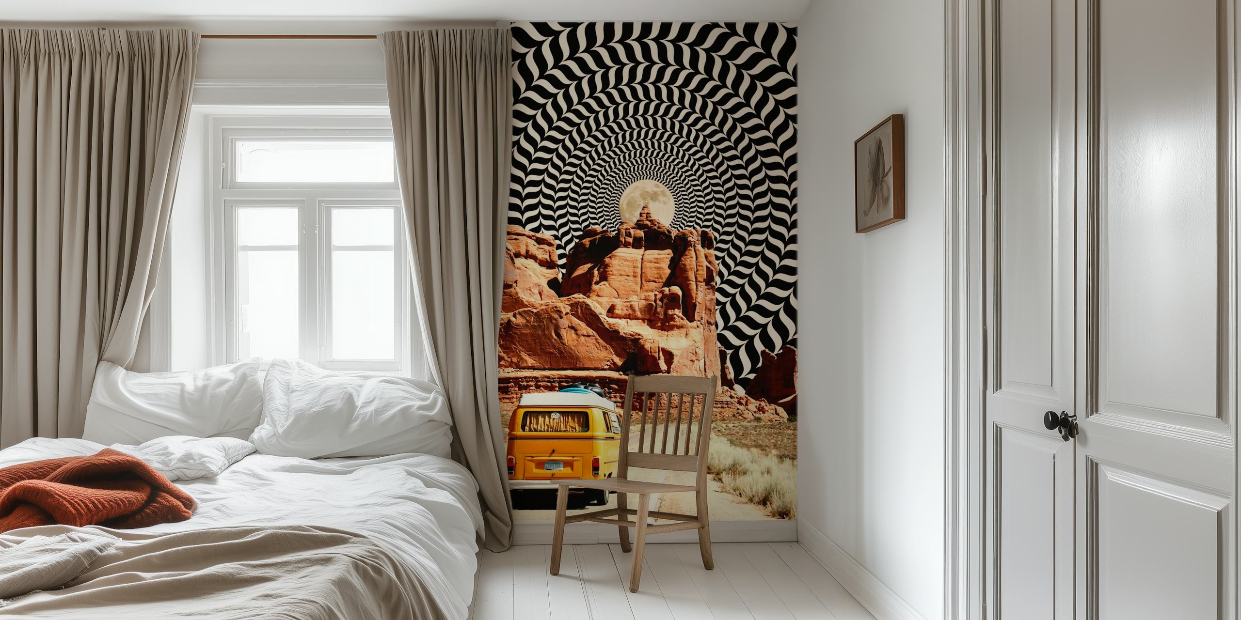 Van vintage dirigindo pelo deserto com fotomural vinílico de céu com ilusão de ótica