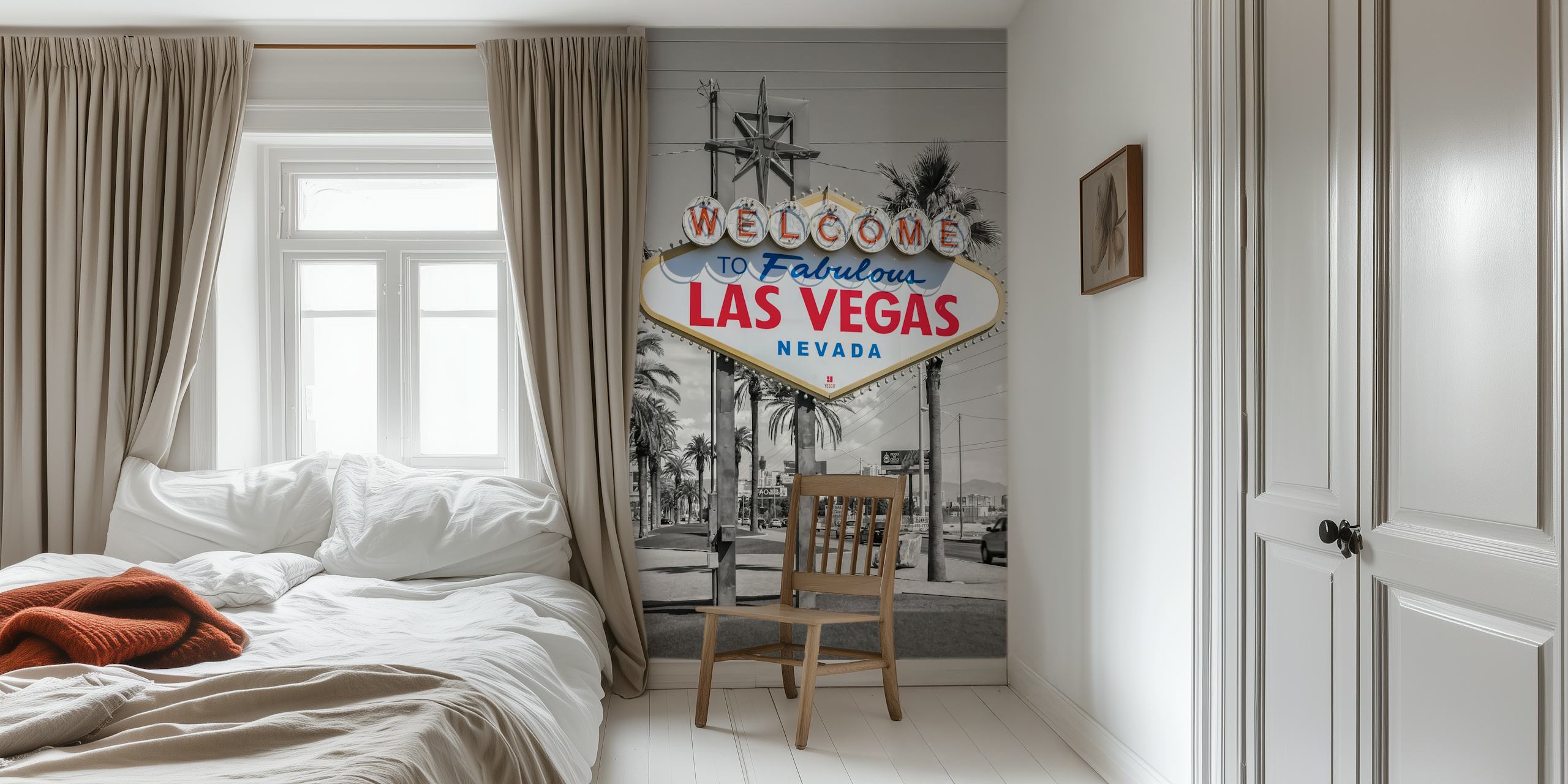 Las Vegas sign in vibrant colors on black and white background wallpaper