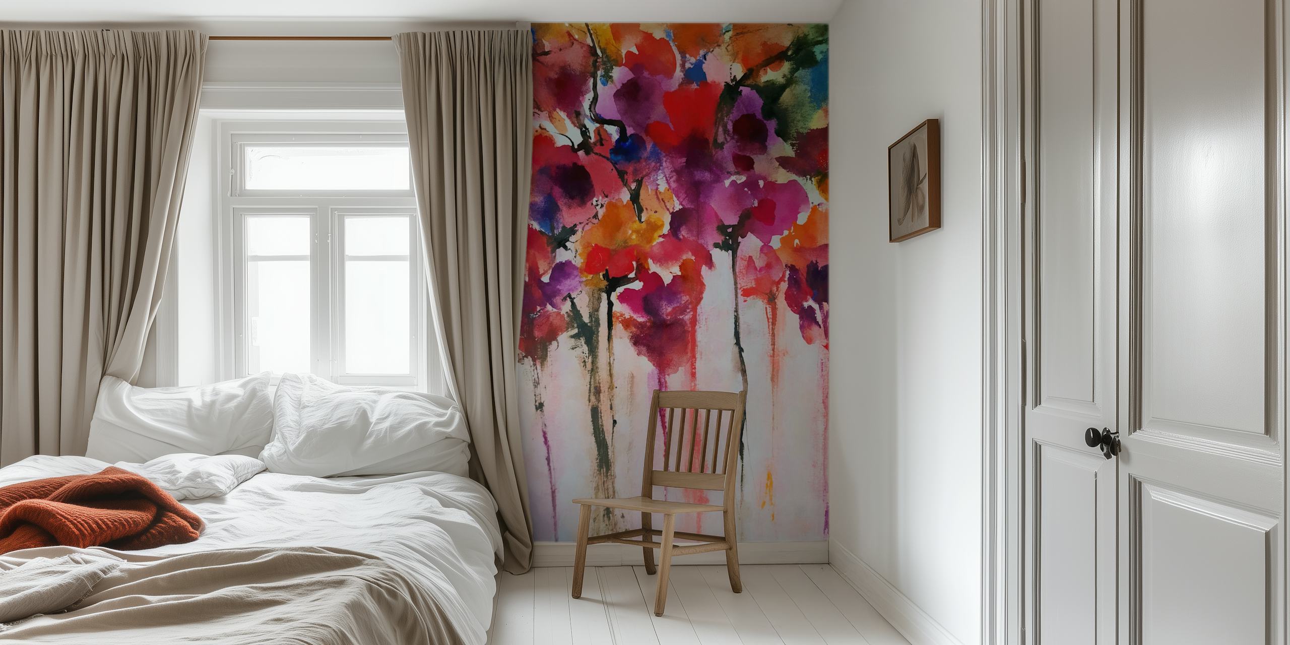 Colorful watercolor floral pattern wallpaper in pink and orange tones