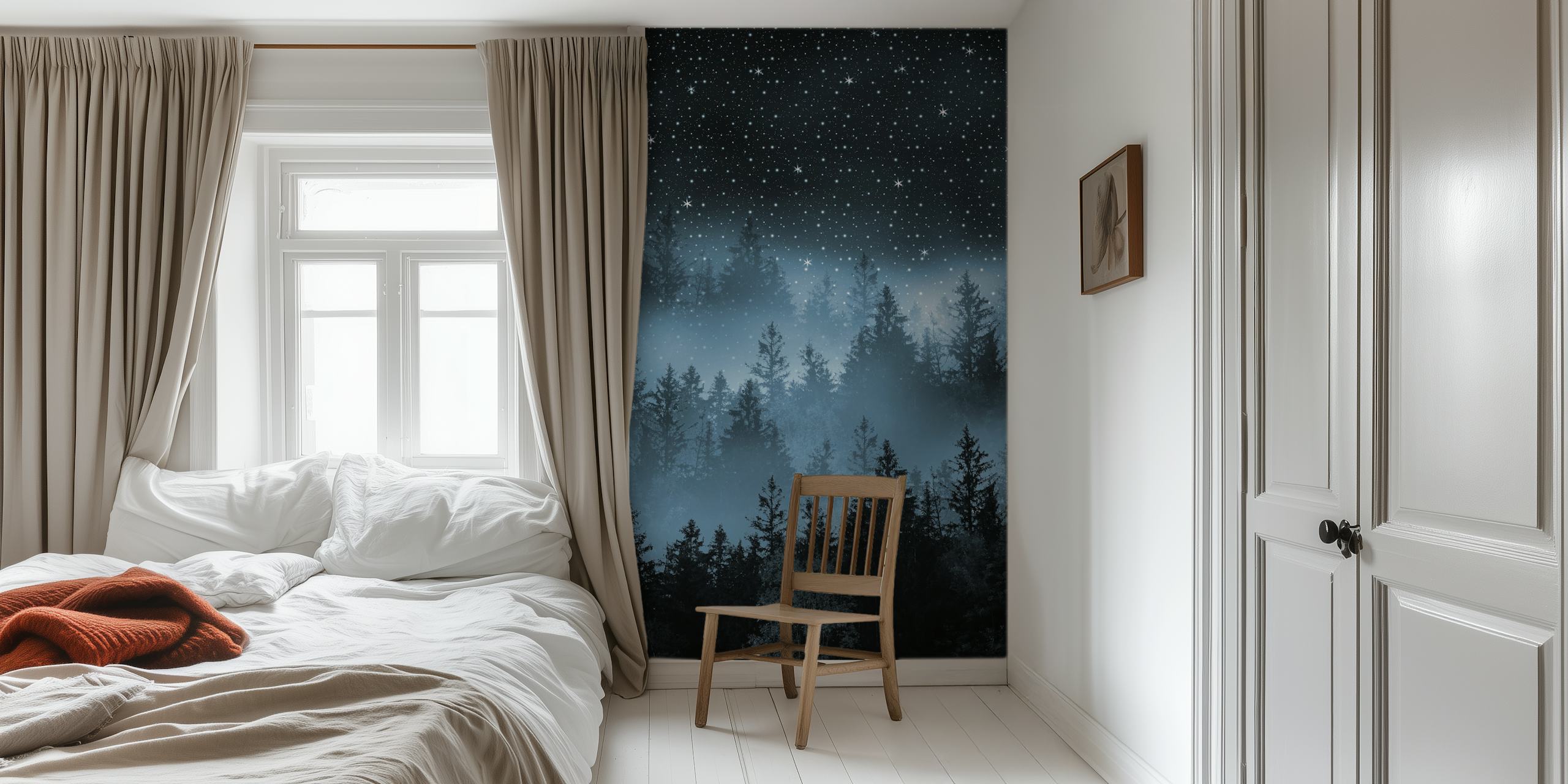 Bezauberndes Wandbild eines sternenklaren Nachthimmels über einem schattigen Wald, der eine ruhige Galaxienkulisse nachahmt