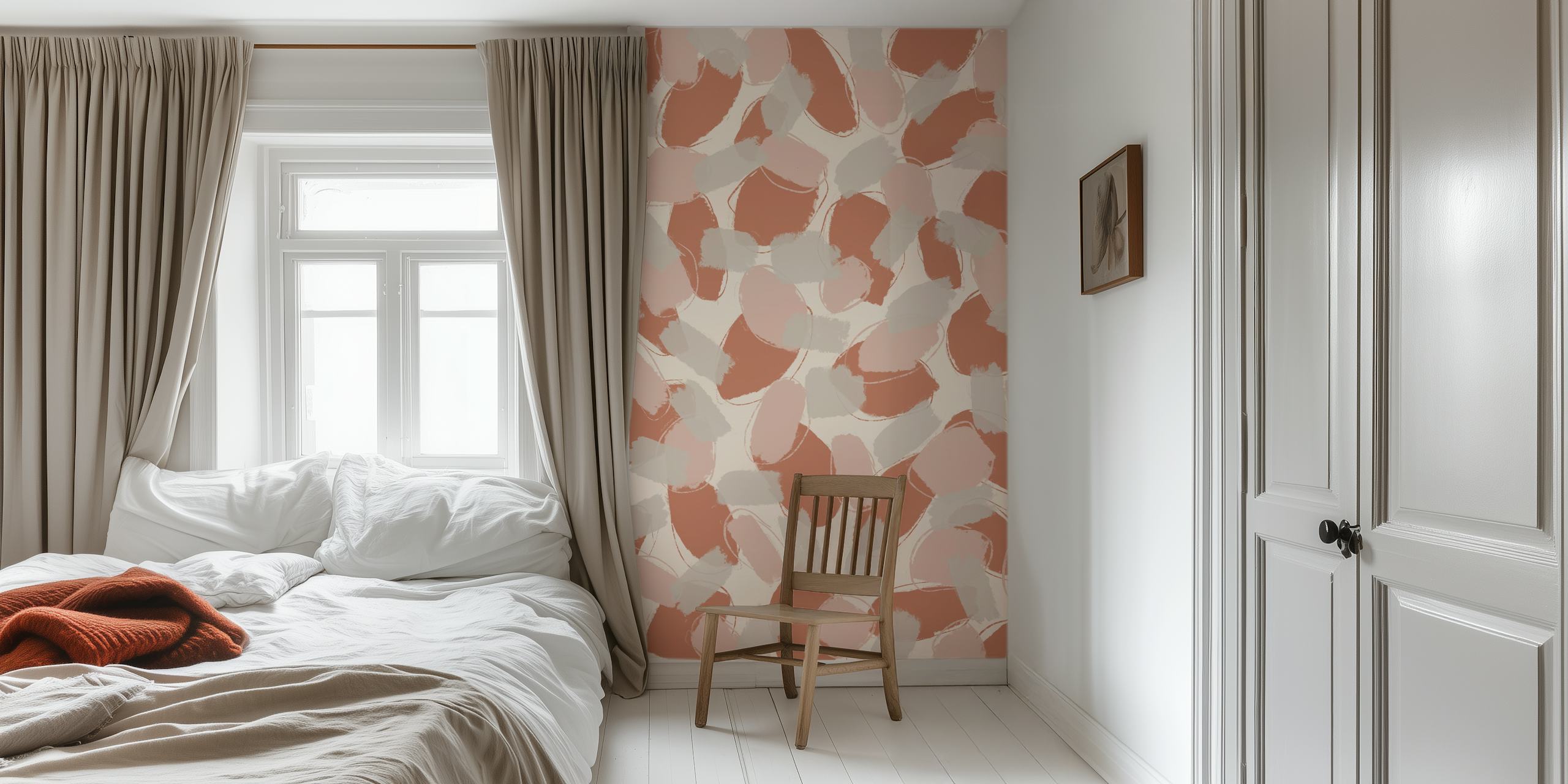 Colorful brush strokes in soft pastels on beige wallpaper